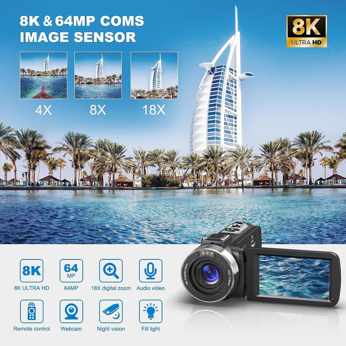 8K 64MP Caméscope Caméra vidéo 18X Digital Zoom IR Vision Nocturne Écran Tactile 3.0 Pouces WiFi Vlogging Caméra de vidéo pour YouTube avec Carte SD 32 Go, Microphone, Piles et Télécommande 2,4G