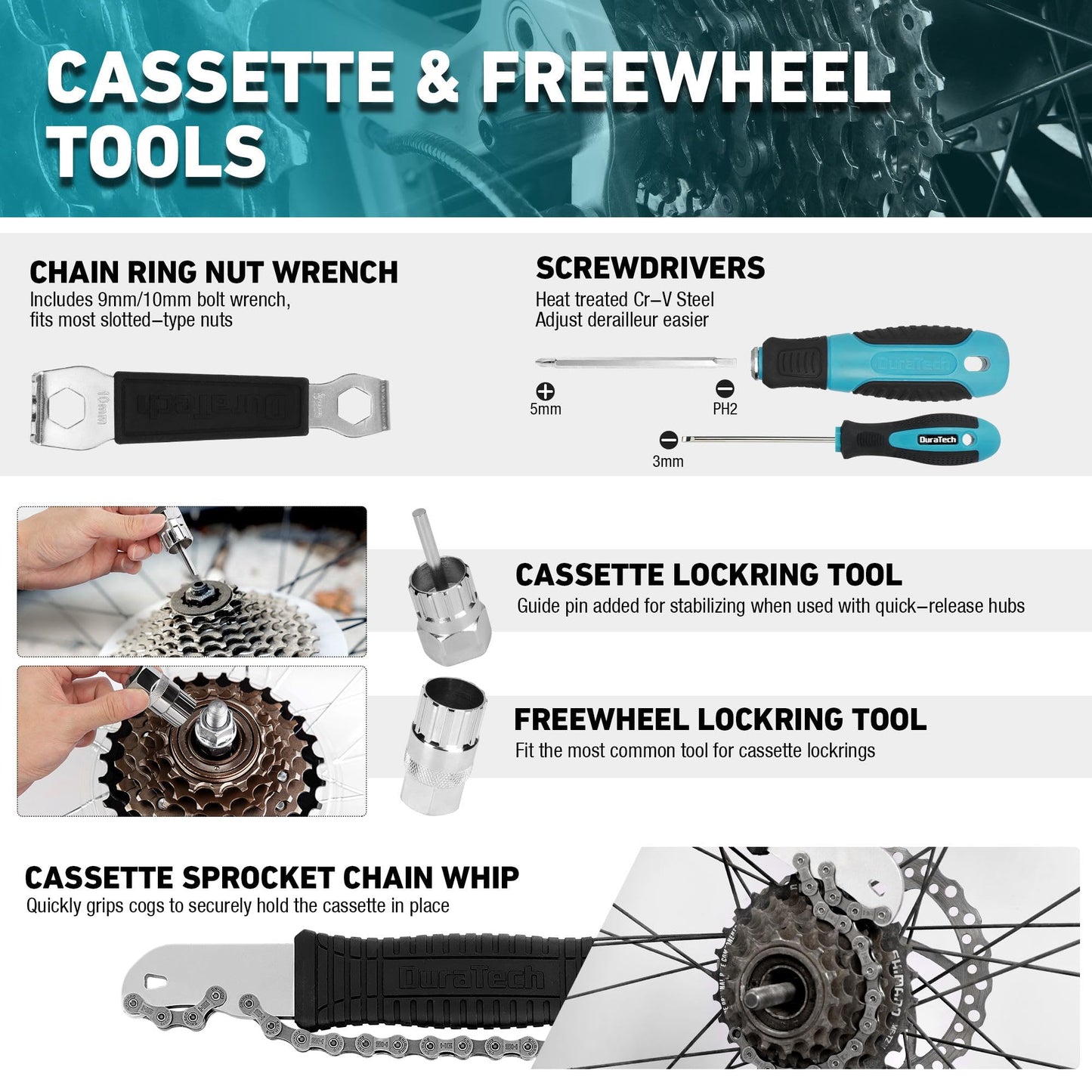 DURATECH Kit d'Outils de Réparation pour Vélo 41 pièces avec Mallette Pratique, Ensemble d'Outils de Vélo Portable pour la Réparation des Pneus, des Chaînes et du Pédalier