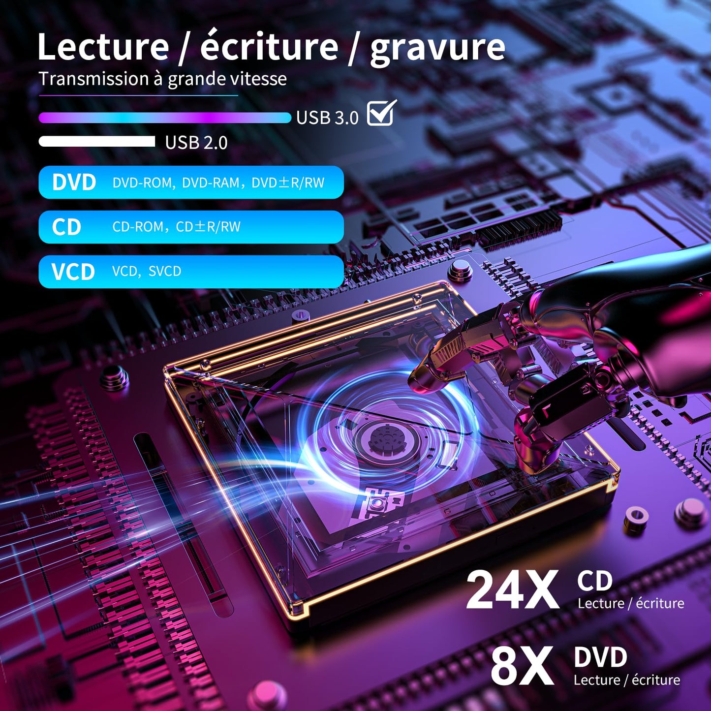 Lecteur CD/DVD Externe pour PC, USB 3.0 et USB-C Graveur DVD Externe avec RGB, Portable CD/DVD -/+RW Drive, Mince DVD Player Transmission Rapide Câble USB Intégrée pour Windows/MacOS/Laptop/Desktops