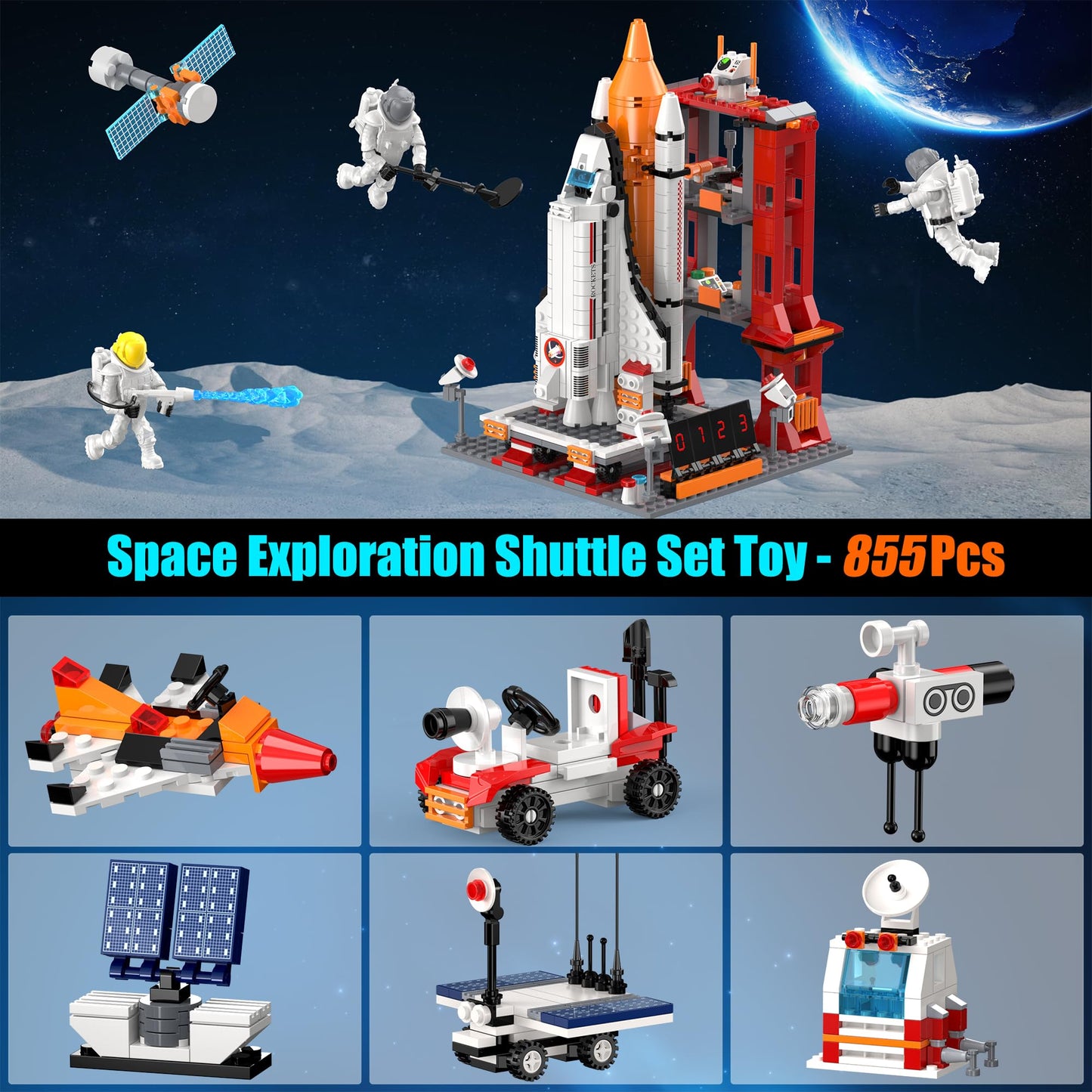 Kit de Construction Navette Spatiale Jouet, 11-en-1 STEM NASA City Space Rocket Shuttle avec Tour de Contrôle, Astronautes, Espace Fusee et 855 PCS pour Enfants Filles et Garçons 6 à 14 Ans