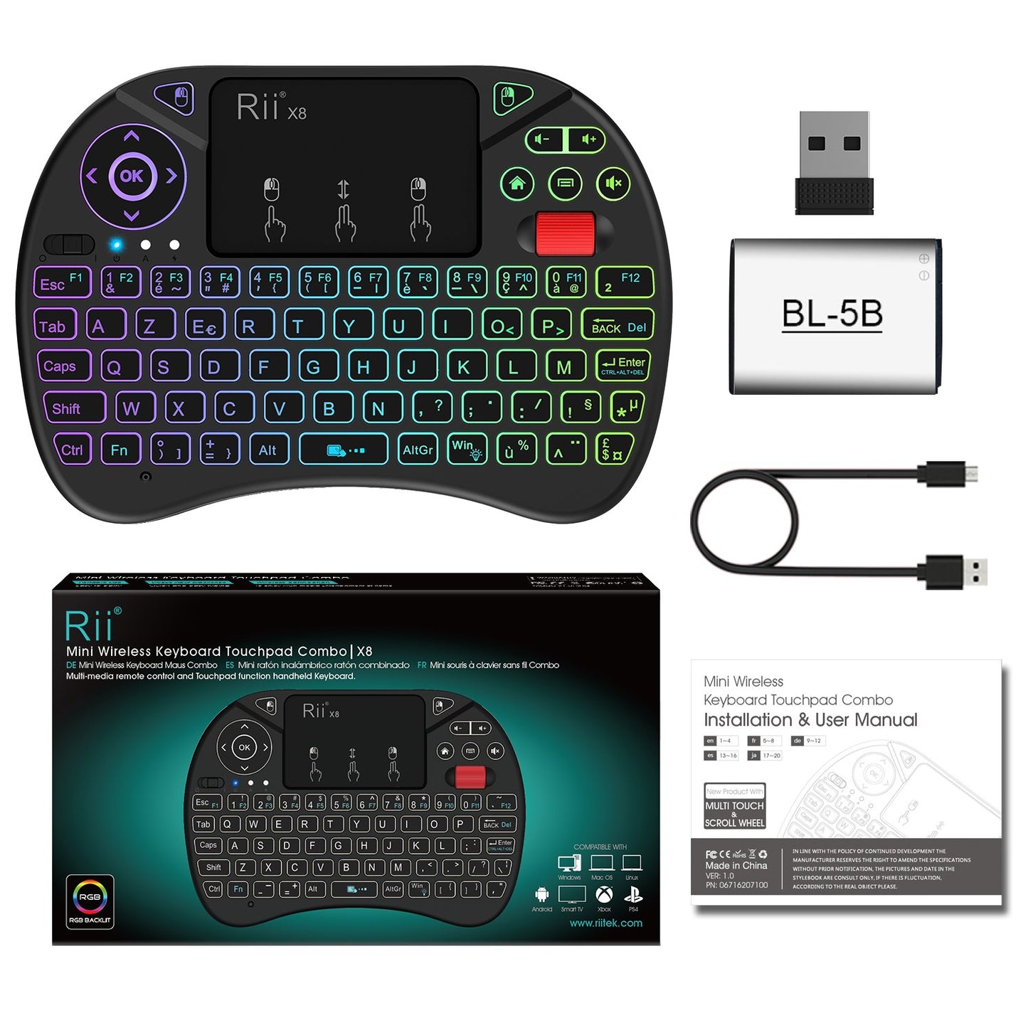 Rii Mini (Nouveauté) Clavier X8 Wireless Français Ergonomique sans Fil avec Touchpad pour Smart TV, Mini PC, HTPC, Console, Ordinateur