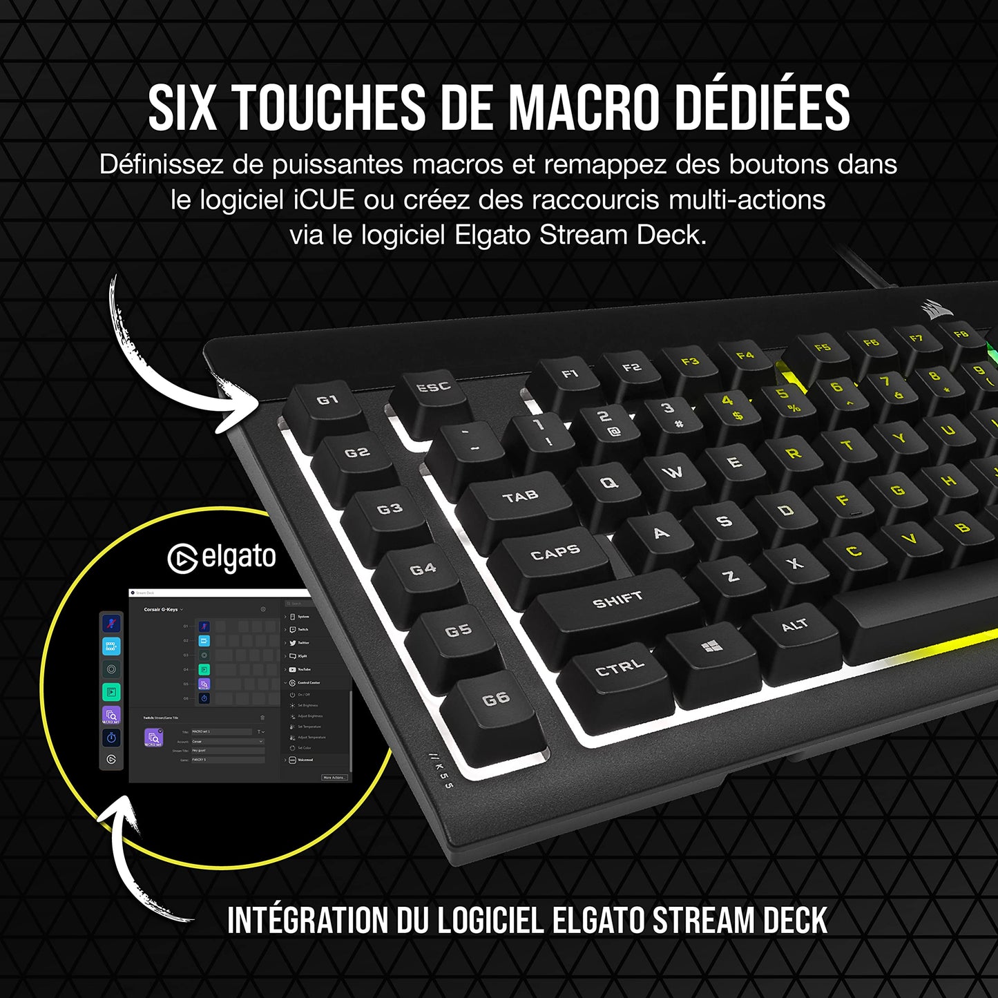 CORSAIR K55 RGB PRO Clavier de Jeu Filaire à Membrane – IP42 Résistant à la Poussière et Aux éclaboussures – 6 Touches Macro Intégration Elgato – Compatible iCUE – AZERTY FR – PC, Mac, Xbox – Noir