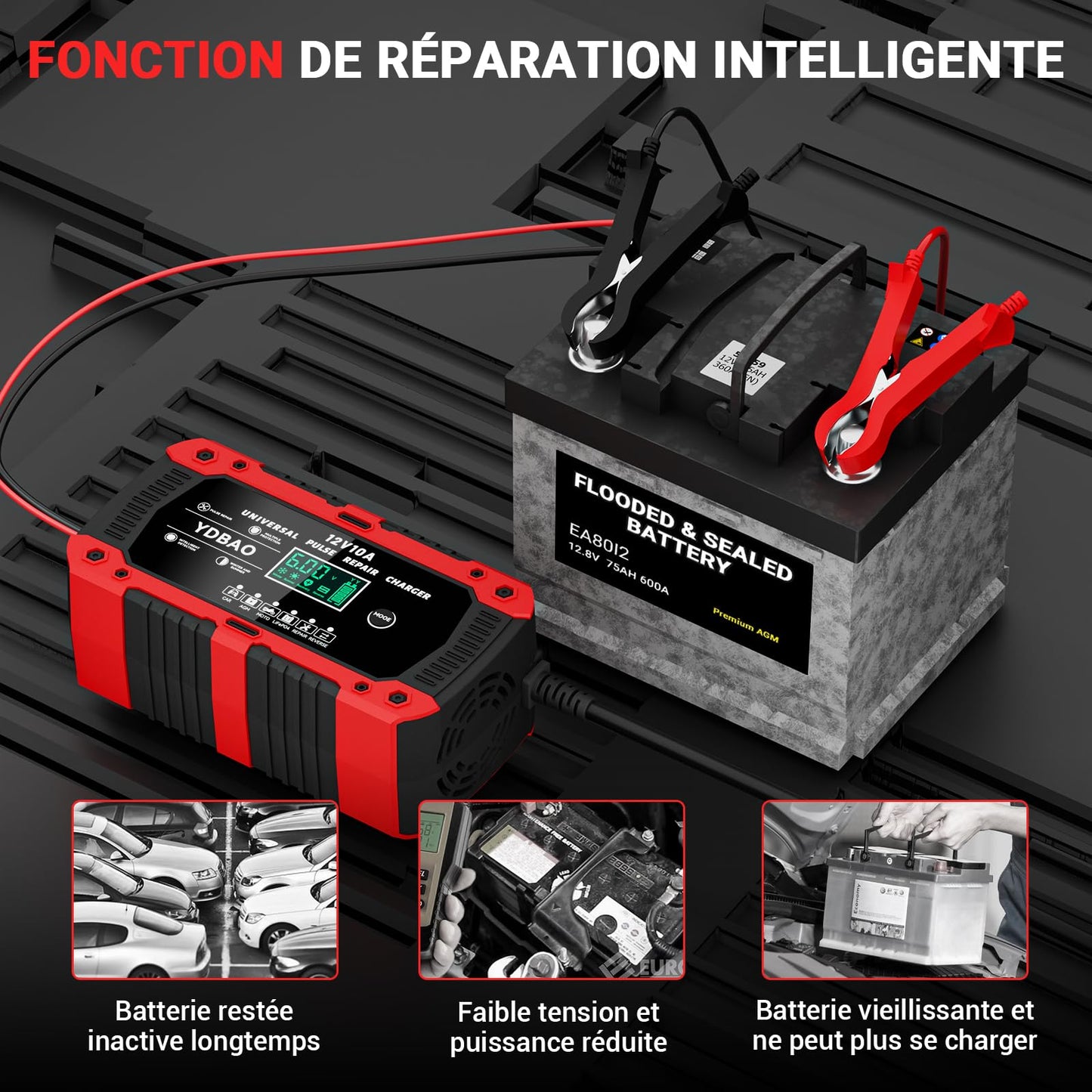 YDBAO Chargeur de Batterie Voiture 12V 10A LiFePO4 Chargeur pour Auto Moto Intelligent avec Réparation Écran LCD 6 Modes pour AGM Gel SLA Wet