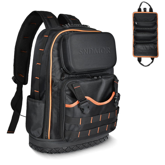 SNDMOR Sac a dos outils electricien, 53 Poches sac a dos outillage, sac à dos outils avec fond en caoutchouc renforcé imperméable, Rouleau d'outils amovible (Noir et Orange)