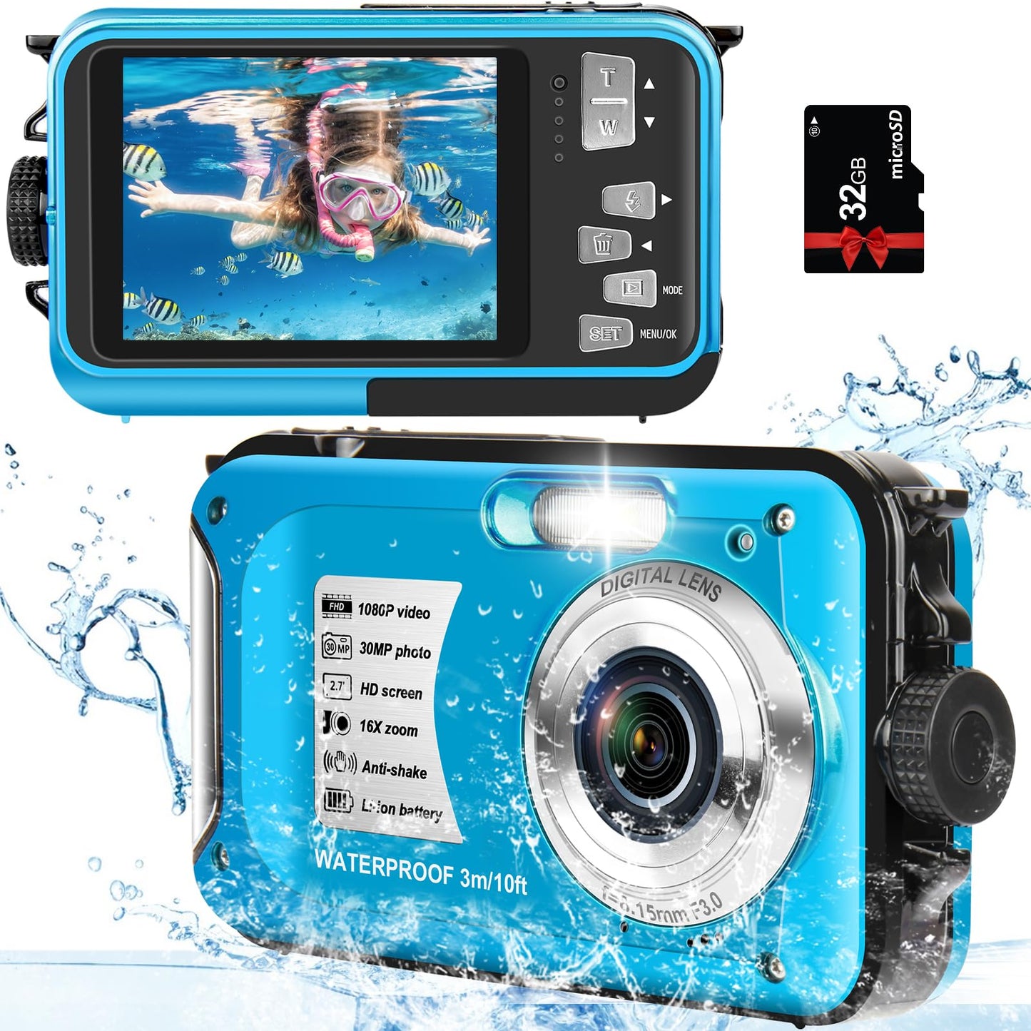 Appareil Photo Etanche Caméra étanche 1080P 30MP Caméra numérique avec Zoom numérique 16X Caméra sous-Marine compacte et Portable 10 Pieds pour la plongée avec Tuba avec Carte 32GB