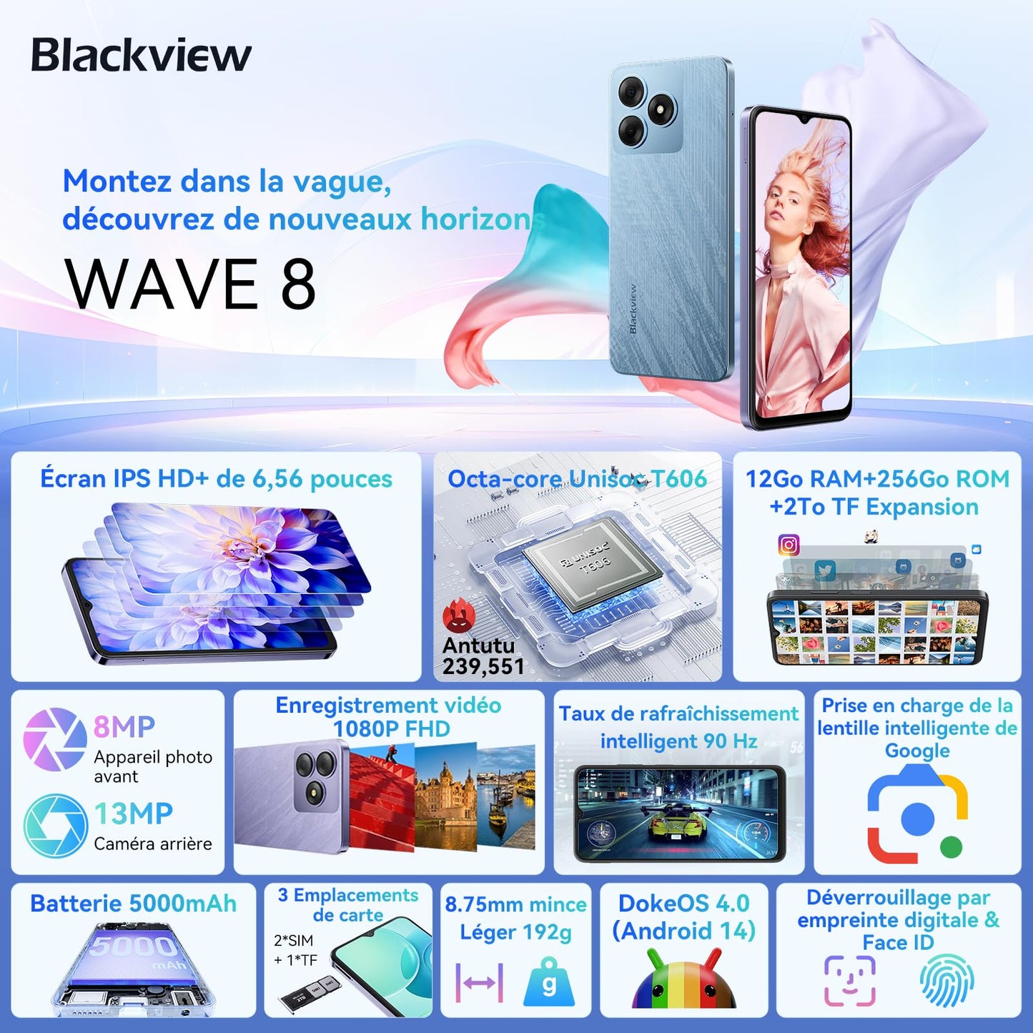 Blackview Wave 8 Téléphone Portable, Android 14 Smartphone Pas Cher 256Go+12Go/2 to Smartphone, Écran 6.56" HD+ Display, Double SIM/Fingerprint/5000mAh/90Hz/Octa-Core/13MP+8MP/GPS/OTG/2Ans Garantie