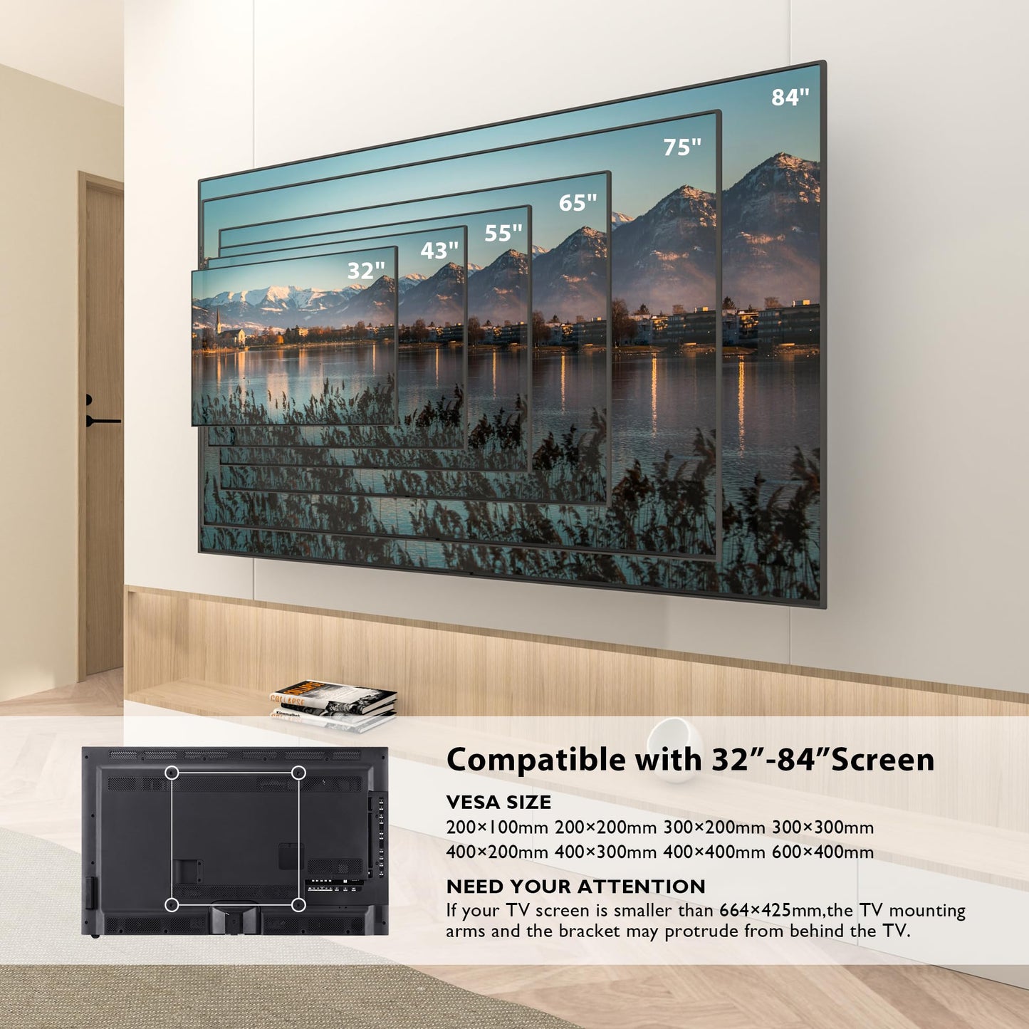 BONTEC Support Mural TV pour Télévision Plat et Incurvé LCD LED 32-84 Pouces jusqu'à 60KG, Support TV Mural orientable et Inclinable, Bras Doubles Solides et Robustes, Max VESA 600x400mm