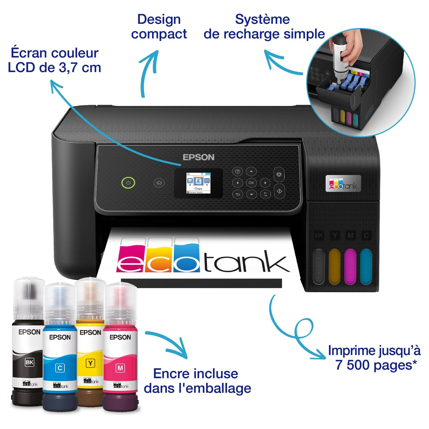 EPSON EcoTank Imprimante sans Fil ET-2870 | Réservoirs d'encre Haute capacité - Économisez jusqu'à 90% sur Les coûts d'encre - Impression Mobile, Copie, numérisation - 3 Ans d'encre Inclus