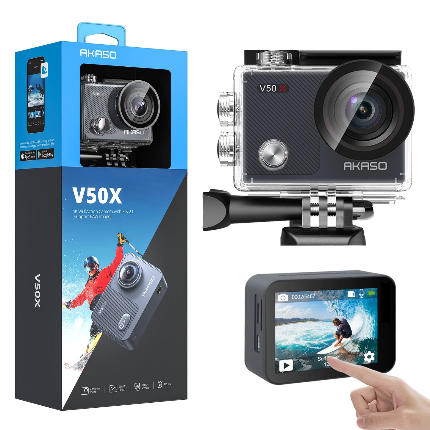 AKASO Caméra Sport 4K Etanche WiFi Action Caméra Sportive Ultra Full HD Stabilisateur avec Télécommande Écran Tactile 30fps Angle Réglable 131 Pieds sous Marine 2 Batteries Kit d'Accessoires – V50X