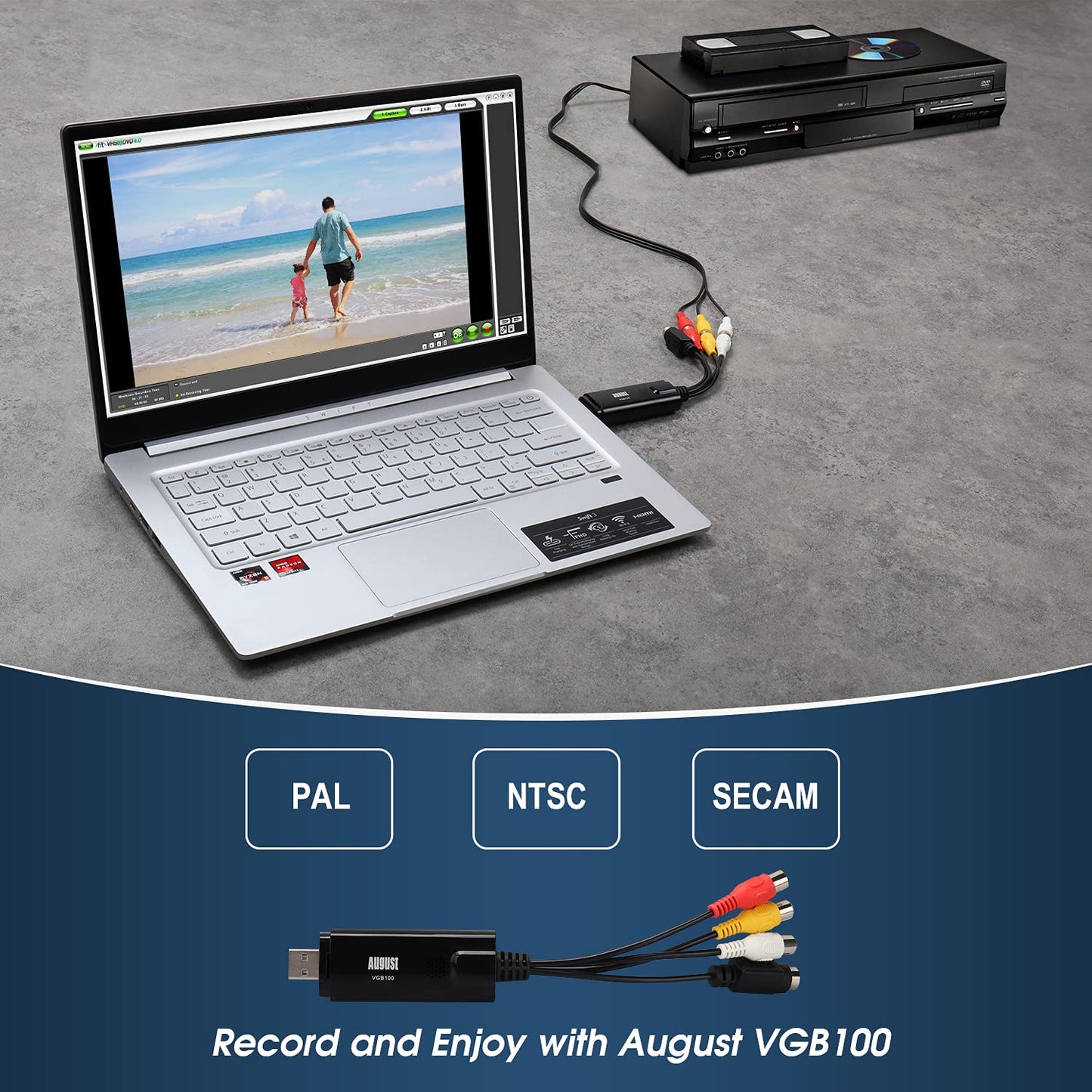 August VGB100 Enregistreur Convertisseur de Vidéo / Audio AV - Carte de Capture Vidéo Clé USB 2.0 – Câble de Transfert – Compatible Windows 11 / 10 / 8 / 7 / Vista - SECAM PAL