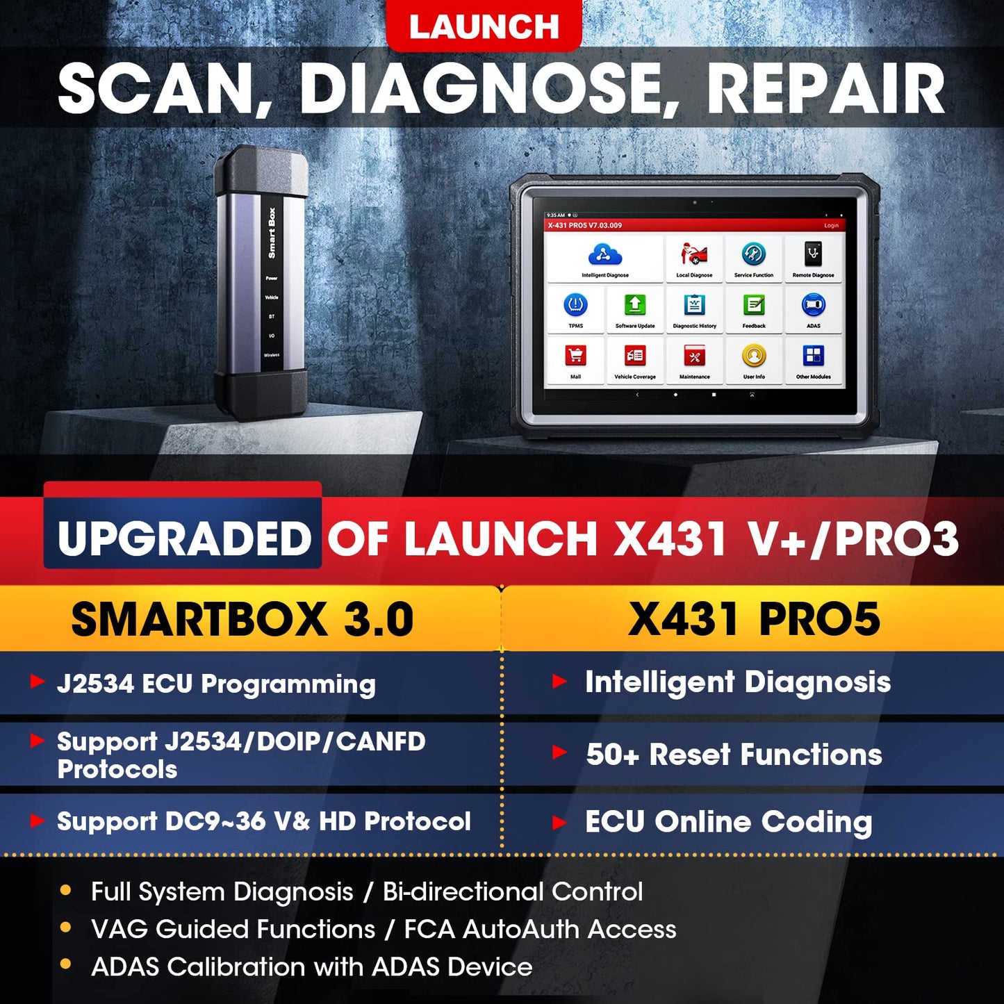 Launch X431 IMMO Elite Outil de Programmation de clés avec Le programmateur de clés X-PROG3, Outil de Diagnostic CANFD&DOIP, 39+ Services, Test Actif, Scanner de Tous Les systèmes