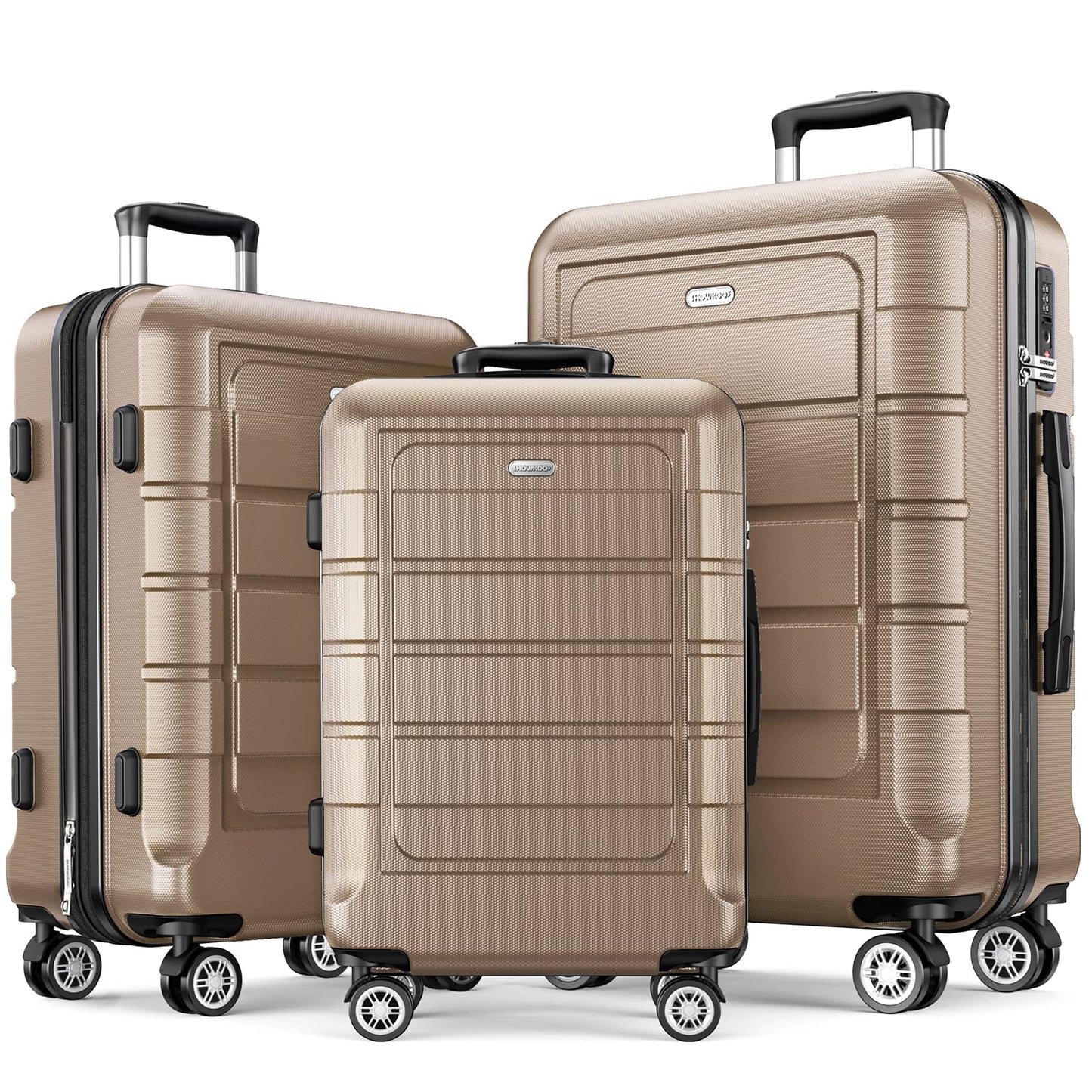 SHOWKOO Valise Lot de 3 Rigide ABS+PC Extensible Légère Durable Trolley Sets de Bagages Cabine avec 4 roulettes Silencieuses à 360° et Serrure TSA (M L XL-Champagne)