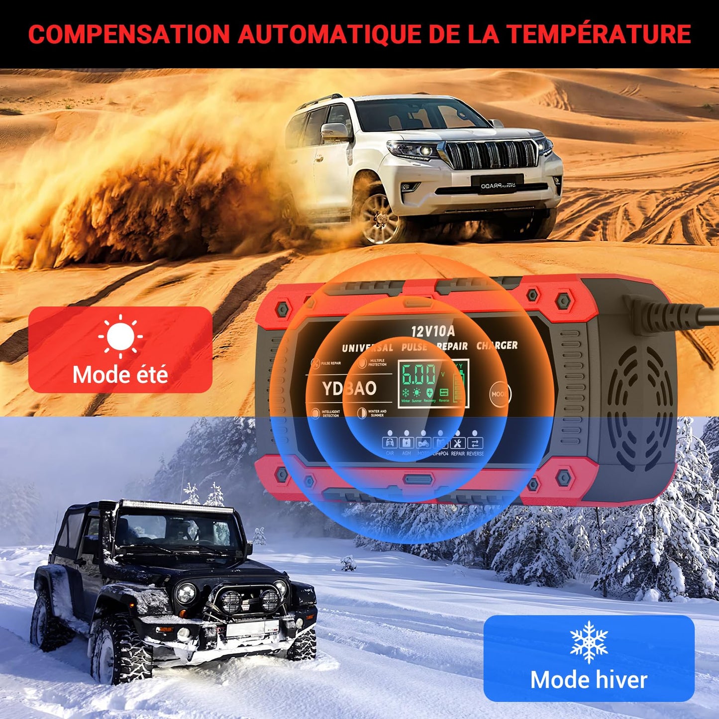 YDBAO Chargeur de Batterie Voiture 12V 10A LiFePO4 Chargeur pour Auto Moto Intelligent avec Réparation Écran LCD 6 Modes pour AGM Gel SLA Wet