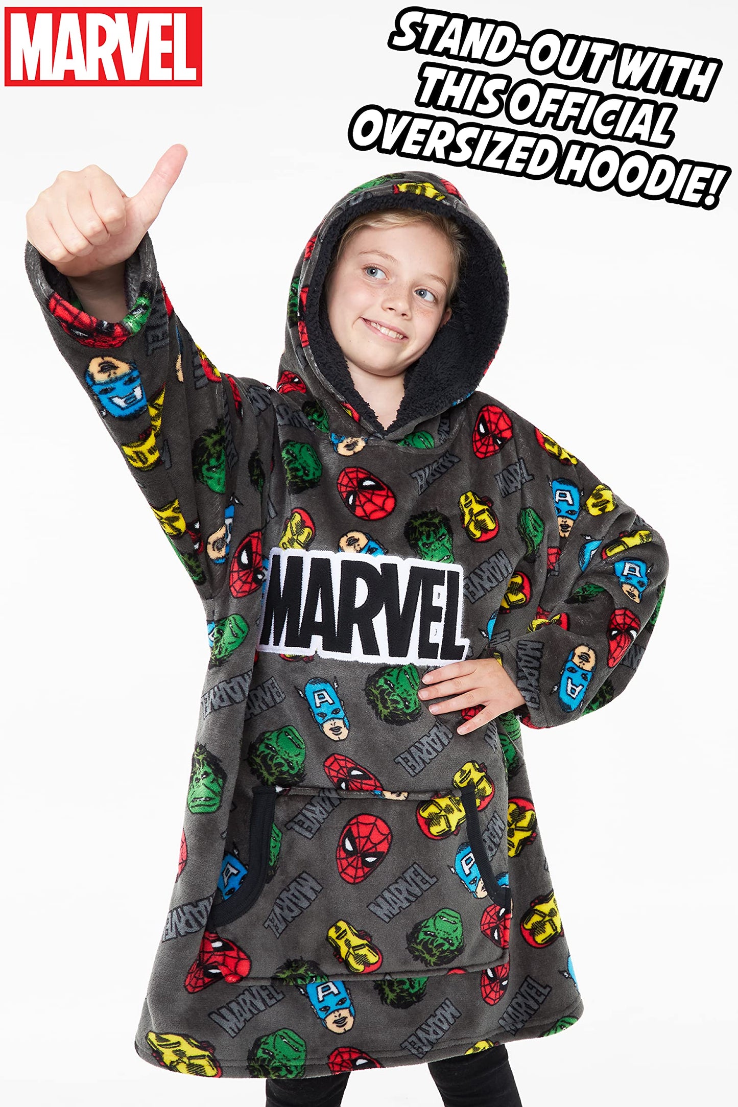 Marvel Sweat à Capuche Enfant - Pull Plaid Oversize en Polaire - Avengers (Gris AOP)