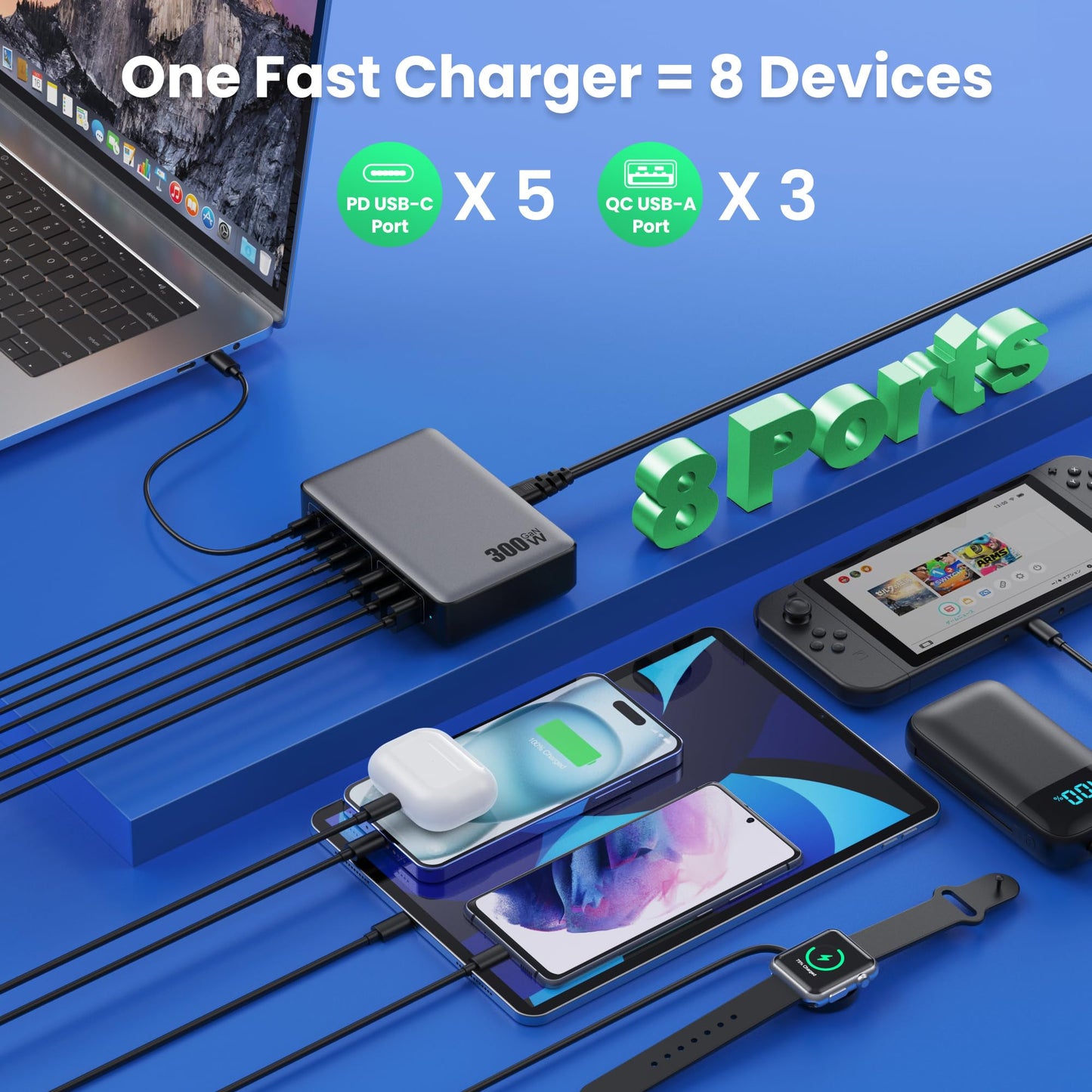 300W Chargeur USB C avec 8 Ports GaN Ⅳ Tech, 100W Chargeur Rapide PD QC PPS Prise USB C Multiple Station de Charge Compatible avec MacBook Pro/Air Laptop, iPhone, iPad Pro, Galaxy, SteamDeck-Noir