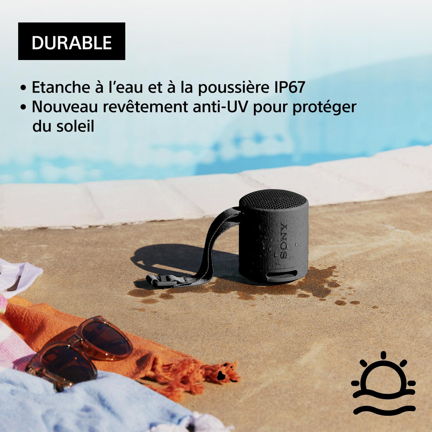 Sony SRS-XB100 - Enceinte sans Fil Bluetooth, Portable, légère, compacte, Durable, IP67, étanche à l'eau et à la poussière, Batterie 16H, dragonne Polyvalente, appels Mains Libres, Noir