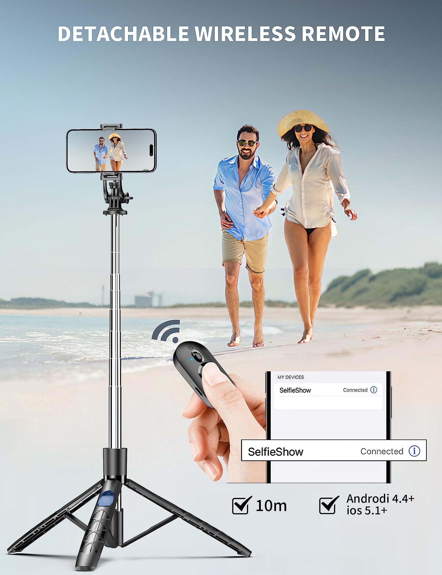 163.5CM Perche à Selfie, Trépied Smartphone, Extensible Selfie Stick Trépied de Téléphone avec Télécommandeet Support pour Téléphone Portable Compatible avec iPhone/Samsung/GoPro/Camera