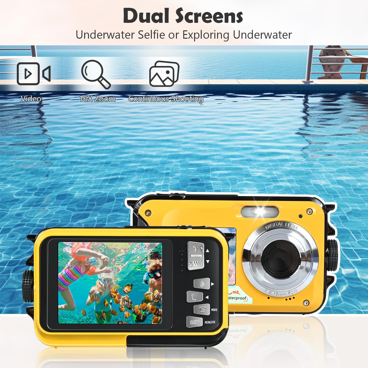 Appareil Photo Etanche, Comius Sharp Caméra Étanche 10FT, 30MP Photo FHD Vidéo 16X Digital Zoom avec Carte Mémoire 32G et Selfie Double Écrans pour Selfies sous l'eau, Plongée, Natation, Surf