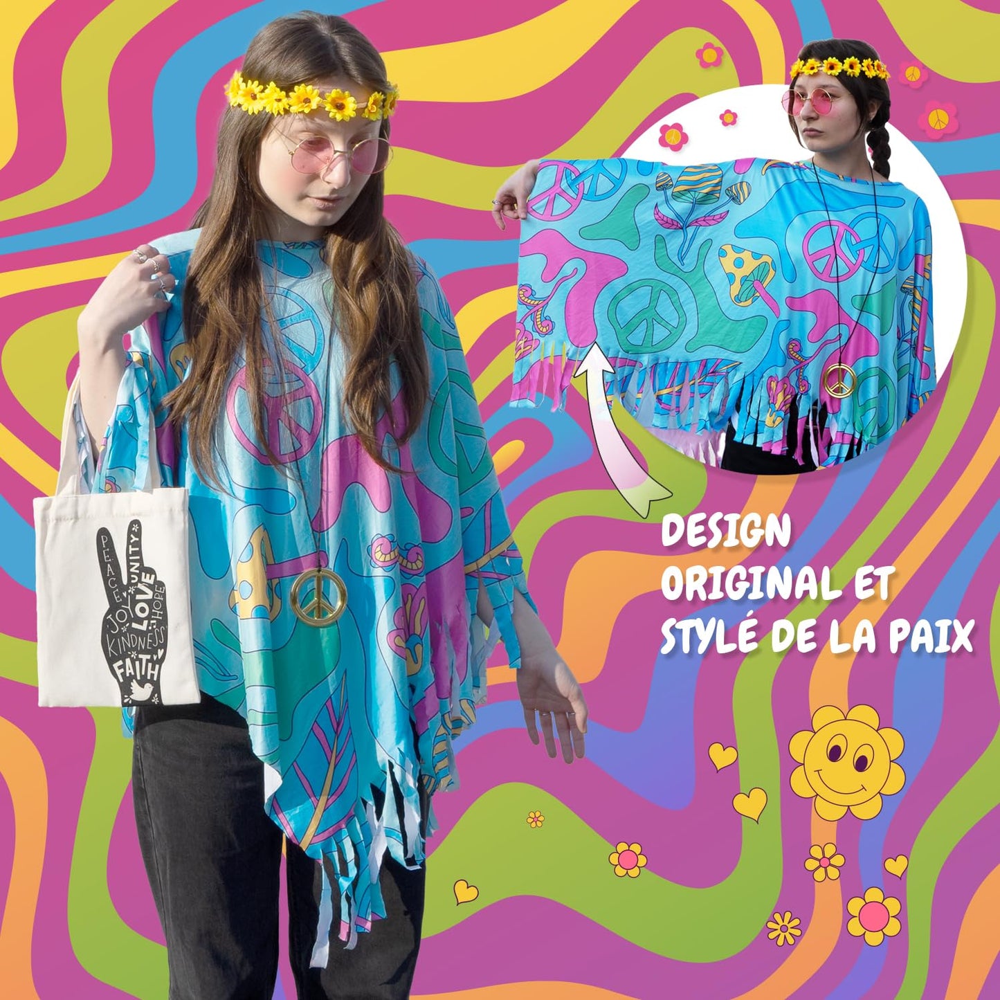 Festicy Deguisement Hippie Femme avec Poncho I Bandeau Hippie avec tournesols, sac hippie, lunette hippie I Deguisement carnaval femme I Tenue annee 70 I Costume hippie femme I Edition 2025