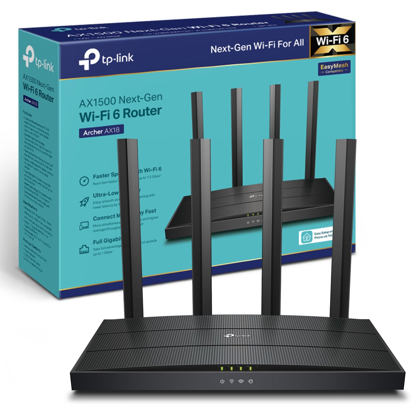 TP-Link Archer AX18 Routeur WiFi 6 , Routeur WiFi AX 1500 Mbps bi-bande, 4 ports Gigabit, 4 antennes à haute performance, WPA3, Contrôle parental, EasyMesh, Antivirus intégré