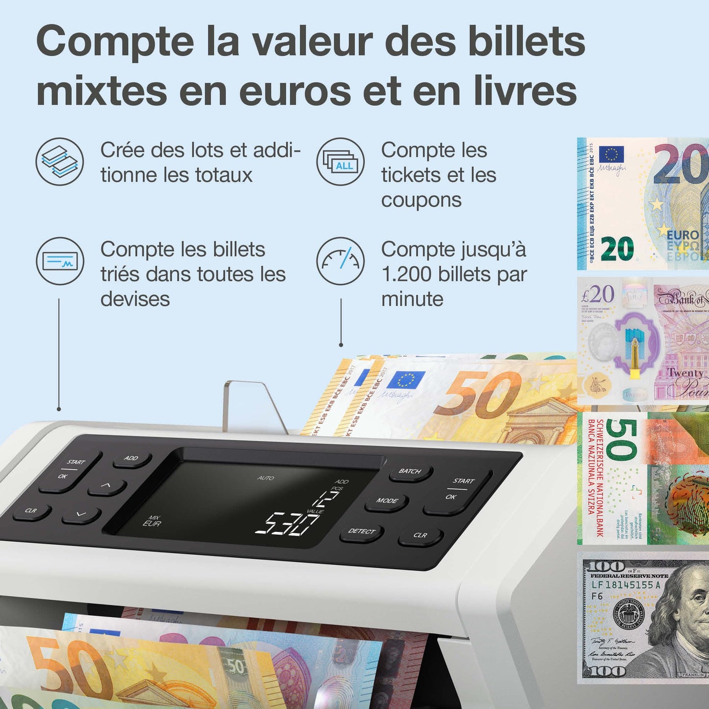 Safescan 2265 compteuse de billets pour les billets mélangés euro et livre sterling - Compteur de billets avec détection de faux billets sur 5 points - Compte les billets triés de toutes les devises