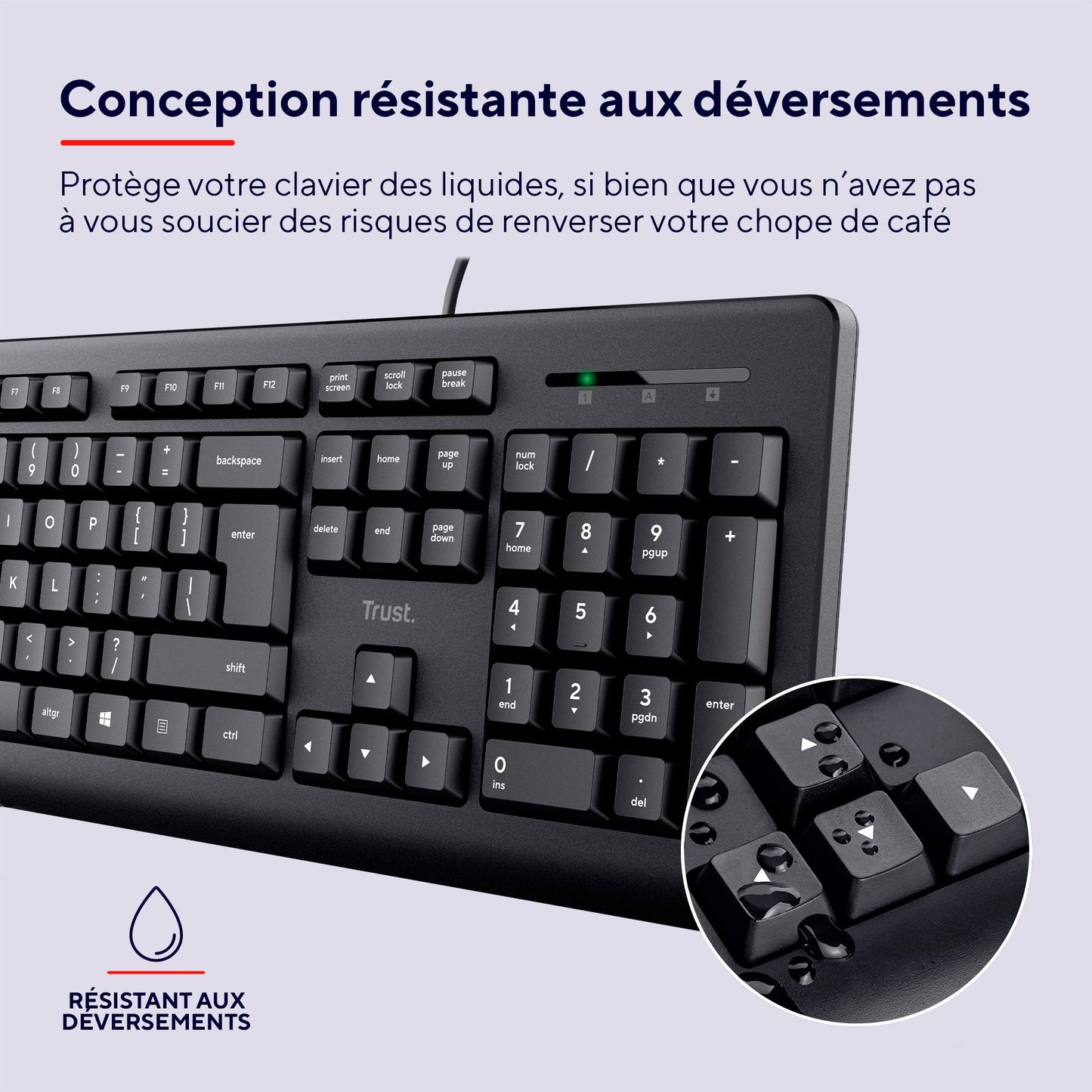 Trust Taro Clavier Filaire AZERTY Français, Résistant aux Éclaboussures, Silencieux, Câble USB de 1.8 m, Touches Plates, Clavier PC, Portable, Ordinateur, Windows, Mac OS - Noir