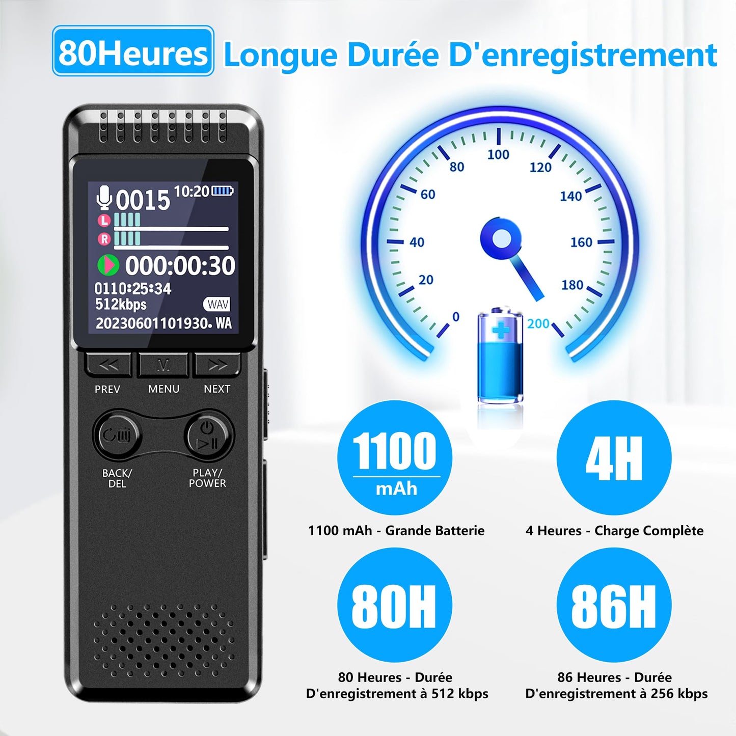 Vivaniir 64Go Enregistreur Vocal, 80 Heures Batterie Longue Durée 1100mAh, Dictaphone Robuste avec Activation Vocale et Boîtier Métallique, Enregistreur Audio USB-C pour Conférence Réunion