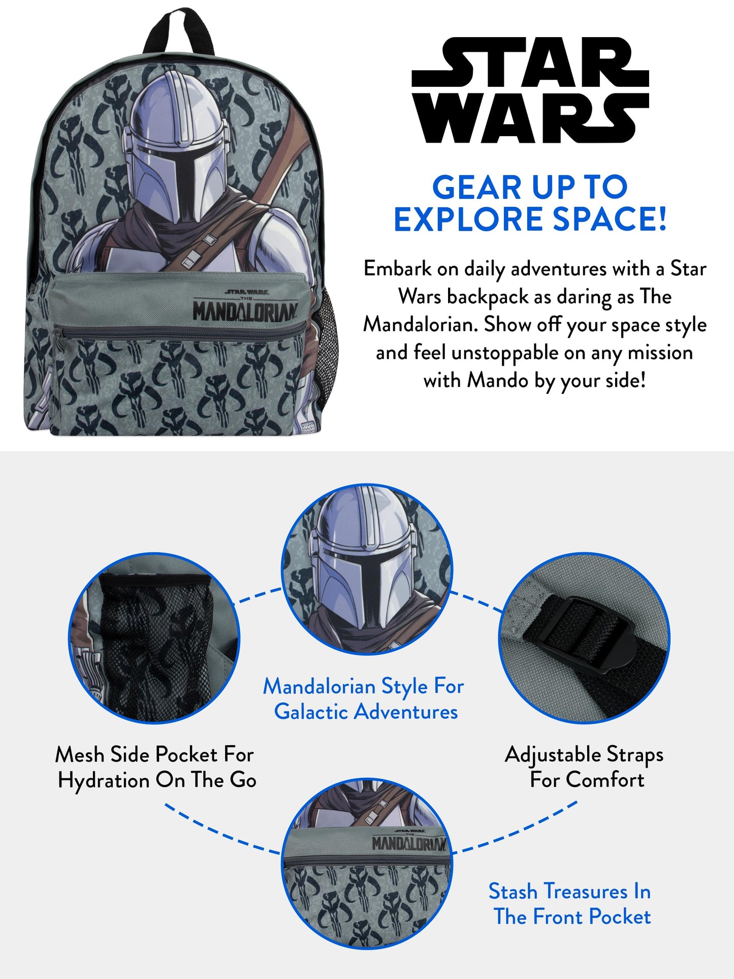 Star Wars Sac A Dos Sac à Dos Enfant Mandalorian | Sac Scolaire Garçon | Sac école Garçon | One Size Gris