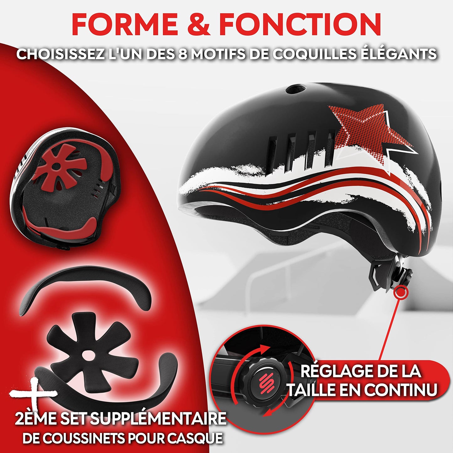 SKATEWIZ Casque Velo Homme, Femme, Enfant - Casque Trottinette, BMX, Roller, skeatbord - Casques de vélo - Casque vélo Femme Casque vélo Homme - Safeguard L - 57-61cm Étoile Noire-Rouge