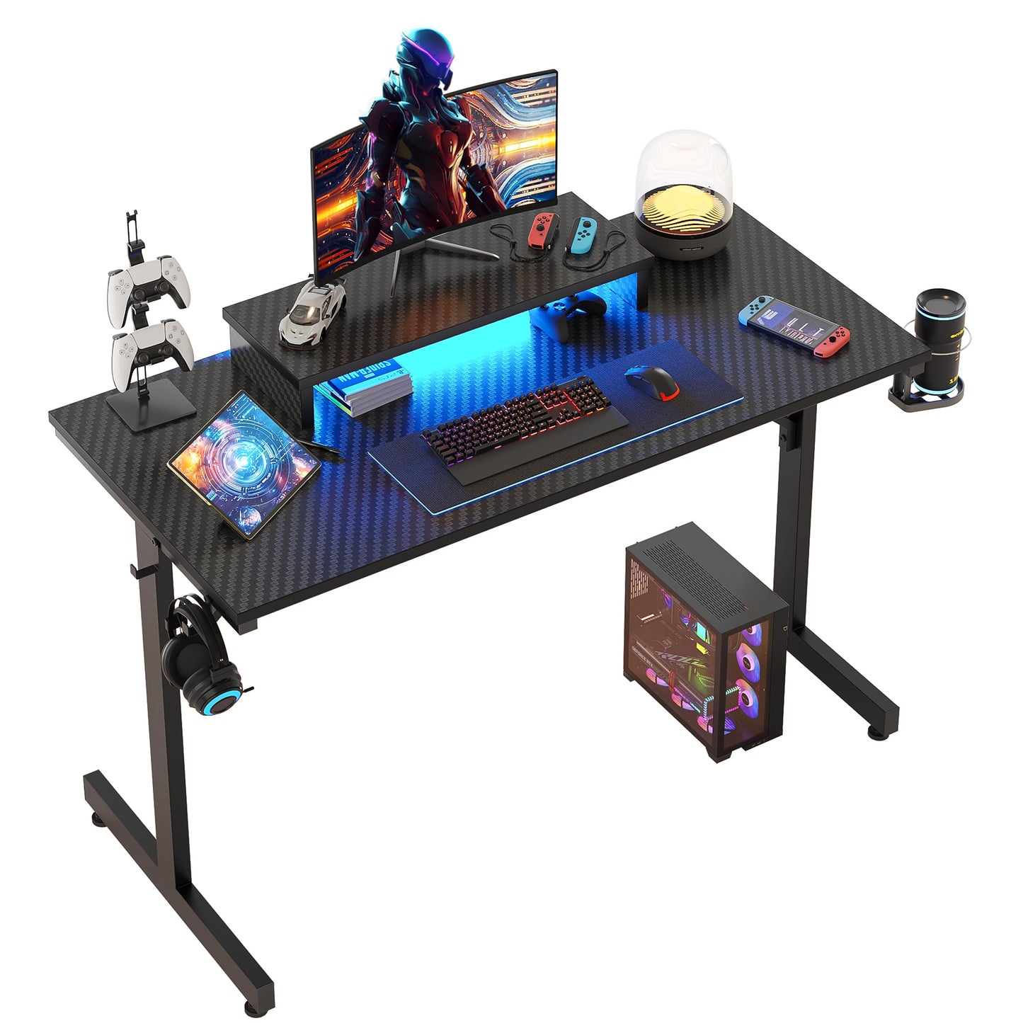 Bestier Bureau de Jeu LED avec Support d'Écran, Porte-Gobelet et Crochet pour Casque, Table d'Ordinateur Compacte 106 cm, Design en Fibre de Carbone Noire pour Bureau ou Chambre