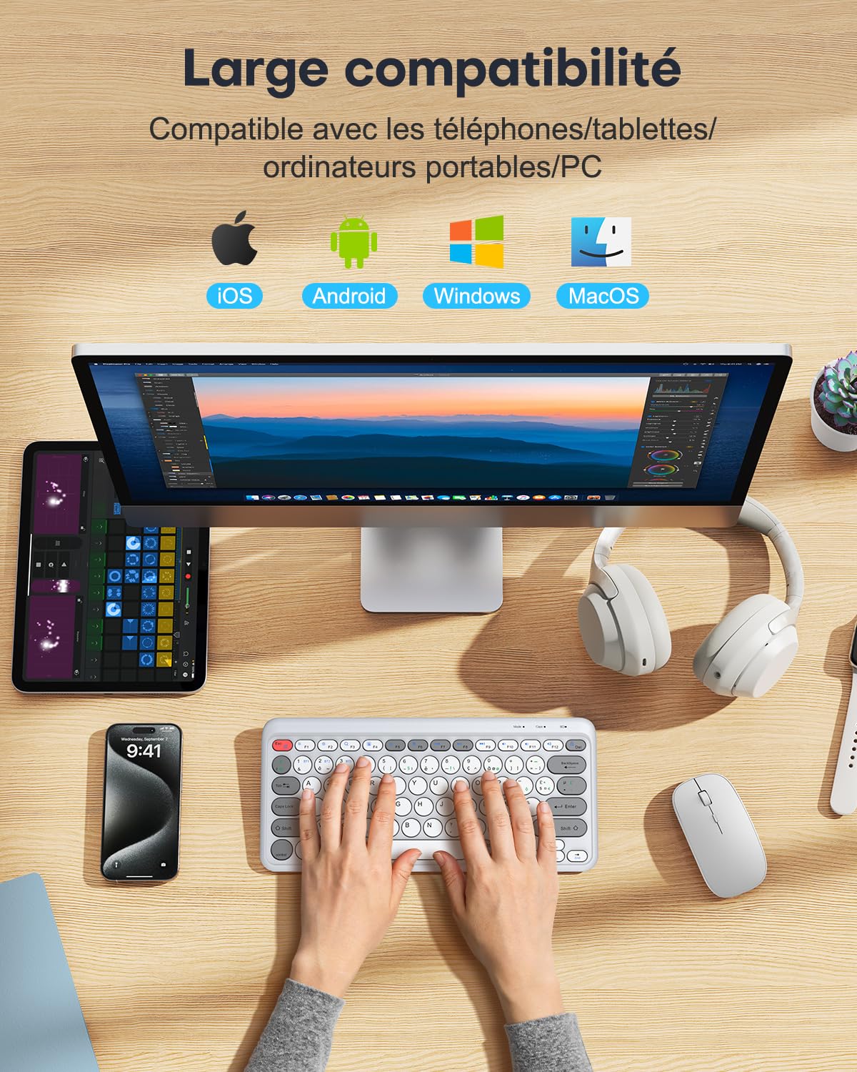 TECURS Clavier sans Fil Rechargeable, Clavier Bluetooth Multi-Dispositifs pour Windows/iOS/Android, Mini Clavier 2.4G, Clavier AZERTY Français pour Tablet/PC/Mac, Gris et Blanc