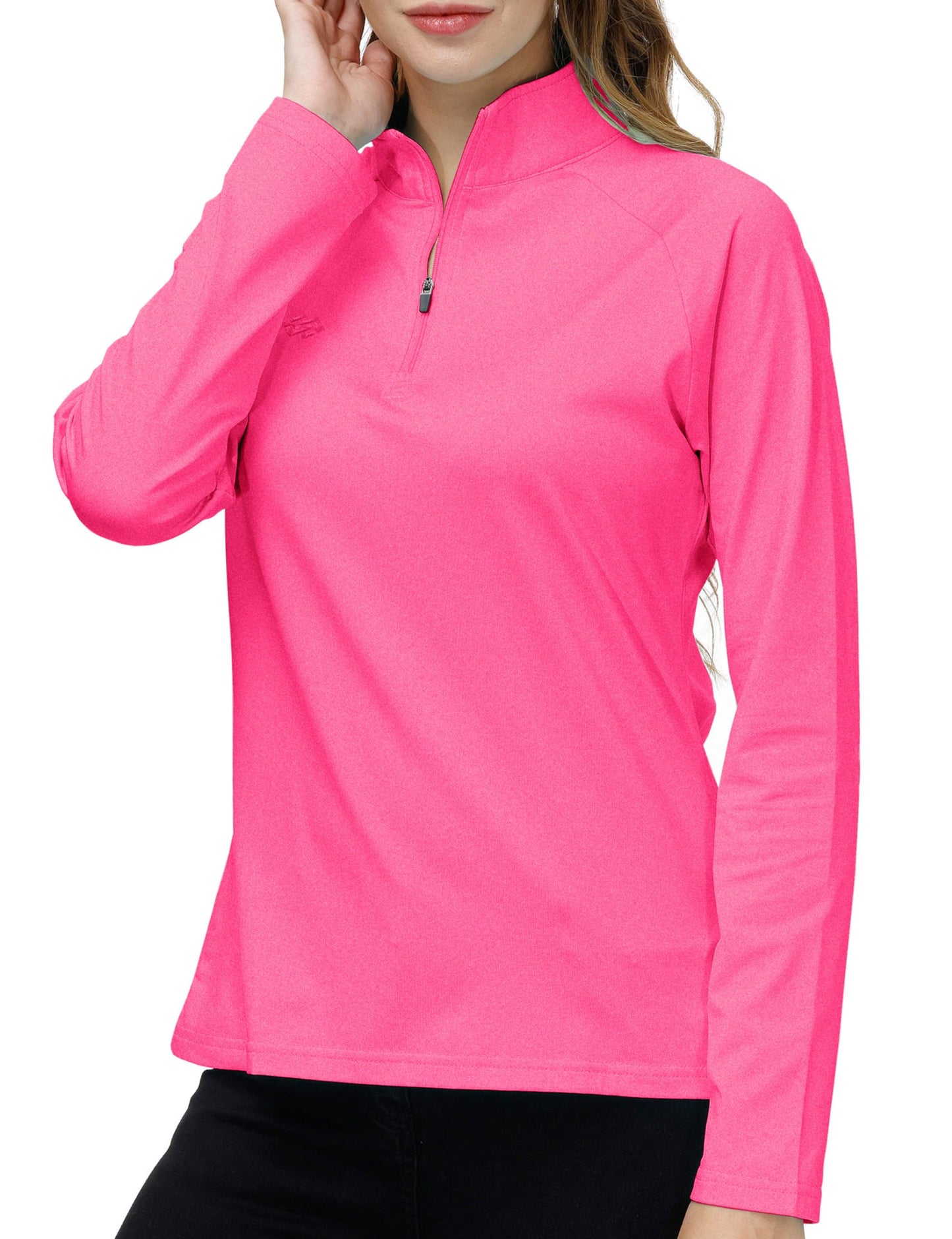 AjezMax Femme Quickdry 1/2 Zip Haut De Course Léger à Manches Longues Rose Moyen