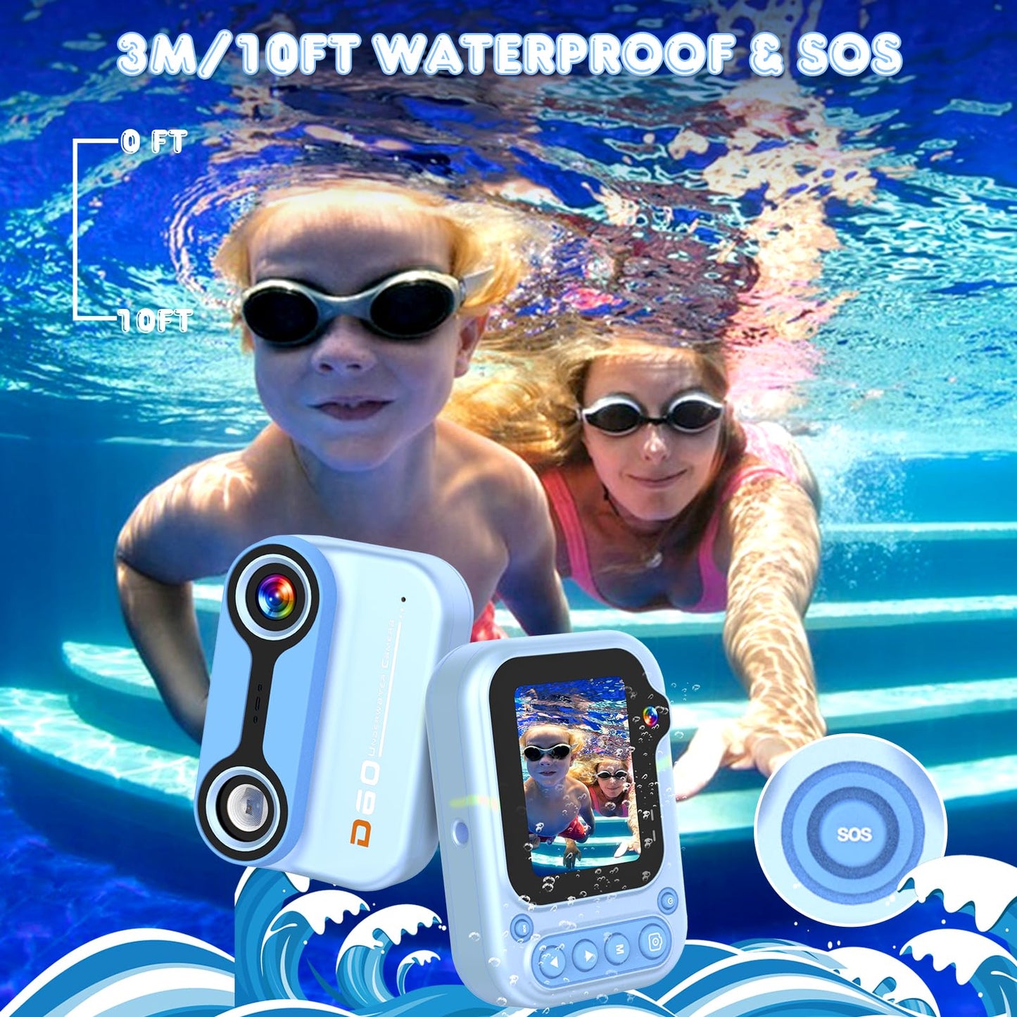 Appareil Photo pour Enfant Caméra étanche sous Marin Etanche 12MP 1080P Video Camera Waterproof Camera Aquatique 3M/10FT Appareil Photo Numériques pour Enfants avec Carte SD 32G, 2.4” LCD, 4X Zoom