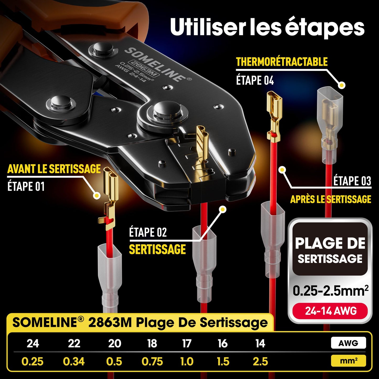 SOMELINE® Crimpadora Terminales Cables Electricos, 20 tipos 0,25 – 2.5mm², Alicates Conectores, Herramientas Electricista, ferramentas