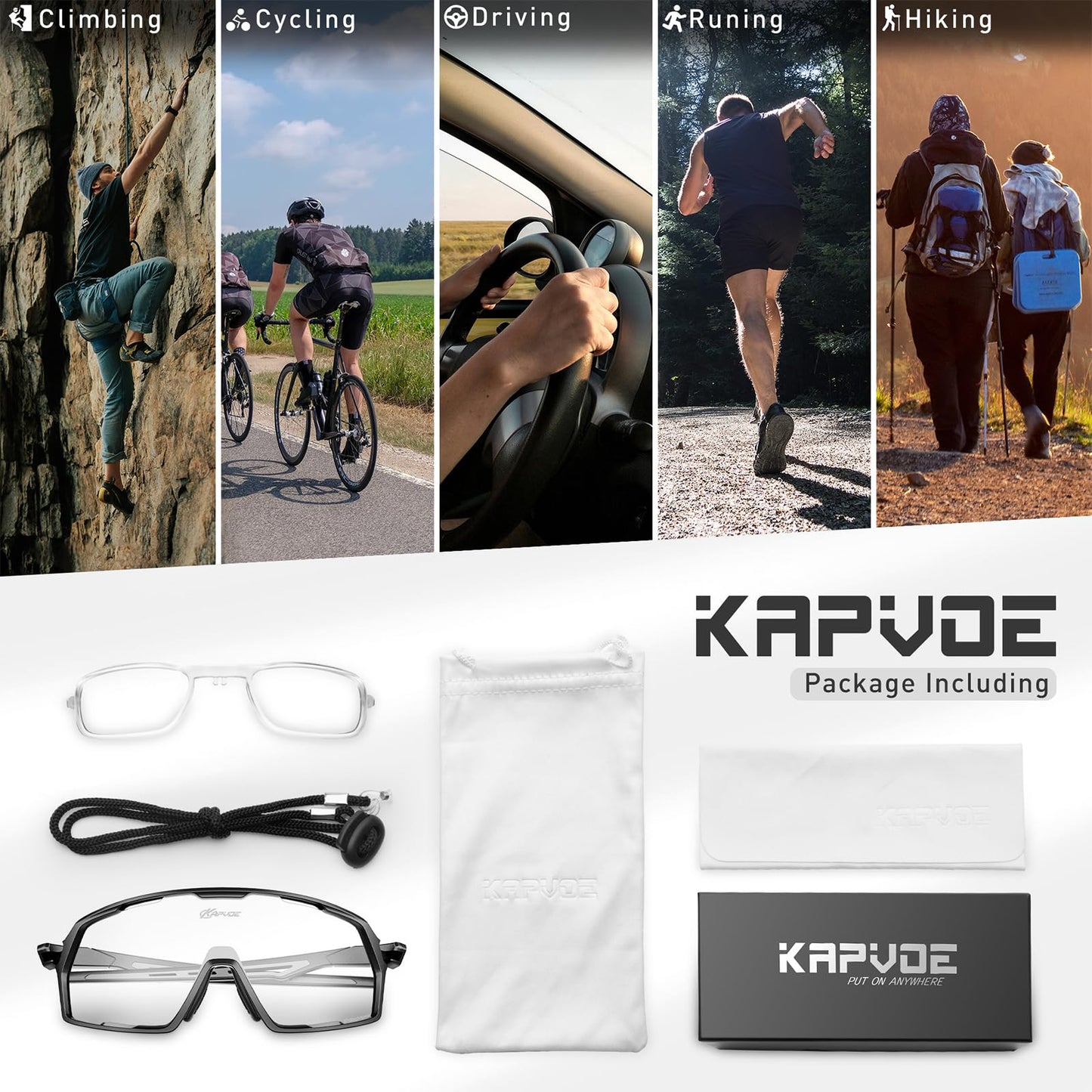 KAPVOE Lunette de Cyclisme Photochromique Homme Lunette Vélo Route TR90 Cadre Lunette VTT Femme Transparente Lunette Cycliste Protection UV400 Lunette de Soleil Sport Pour Running Course Conduite