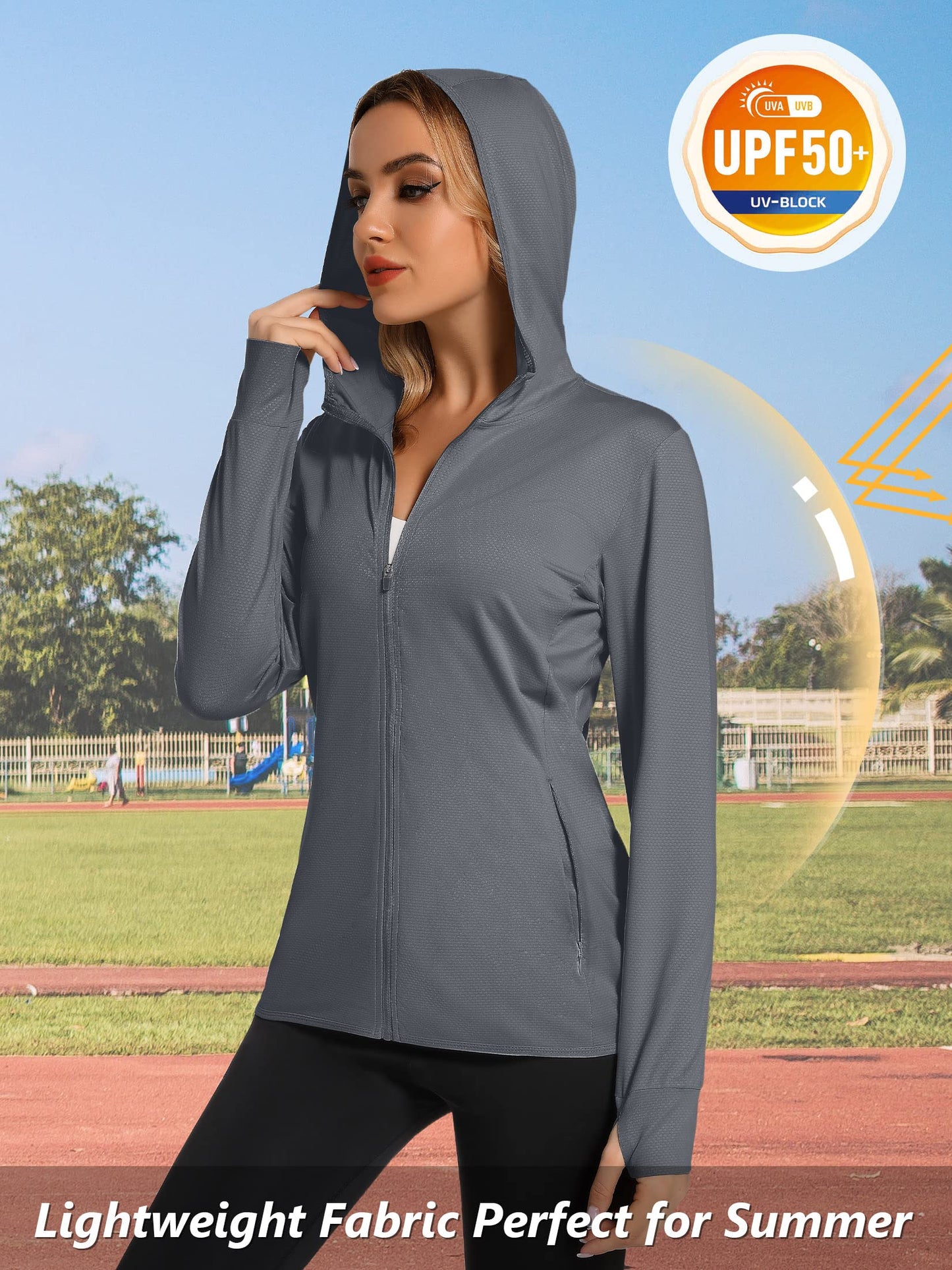 TACVASEN Veste pour Femmes Protection UV Léger Hoodies de La Plage pour Natation UPF 50+ Tops de Protection Sun Chemises de Full Zip Gris Foncé