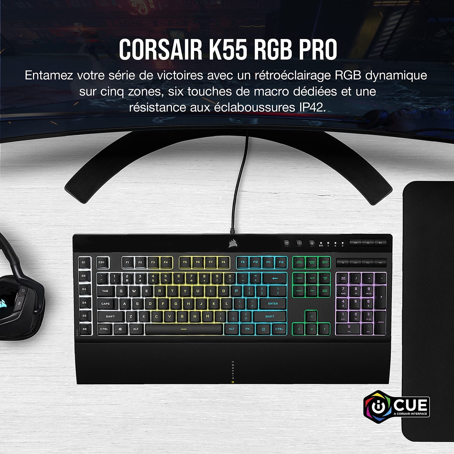 CORSAIR K55 RGB PRO Clavier de Jeu Filaire à Membrane – IP42 Résistant à la Poussière et Aux éclaboussures – 6 Touches Macro Intégration Elgato – Compatible iCUE – AZERTY FR – PC, Mac, Xbox – Noir