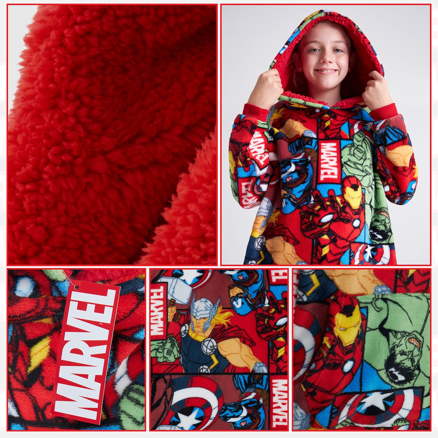 Marvel Spiderman Plaid Capuche Enfant Ado Couverture Polaire Portable Avengers Hulk Captain America Thor Hoodie Oversize Cadeau Garçon (Multi Marvel)