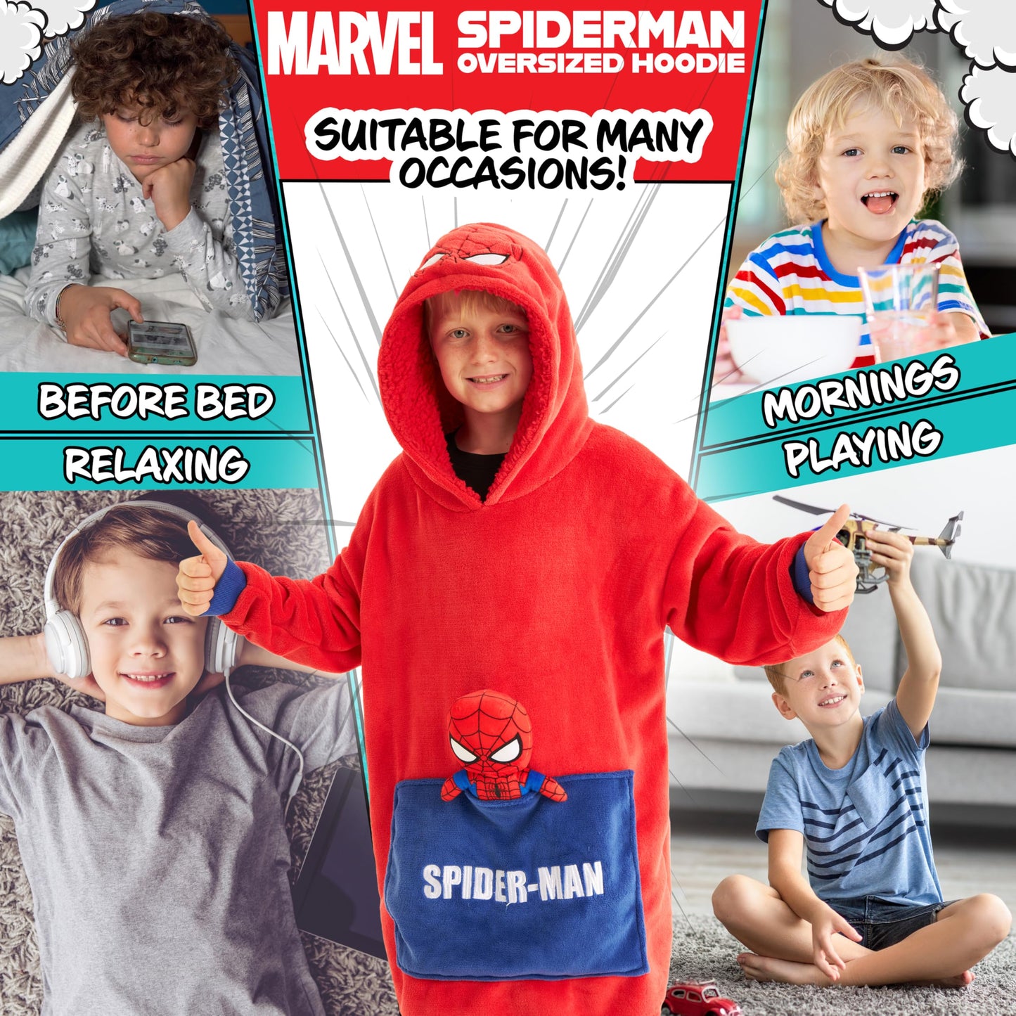 Marvel Spiderman Sweat à Capuche Couverture Polaire Enfant avec Demi-Peluche