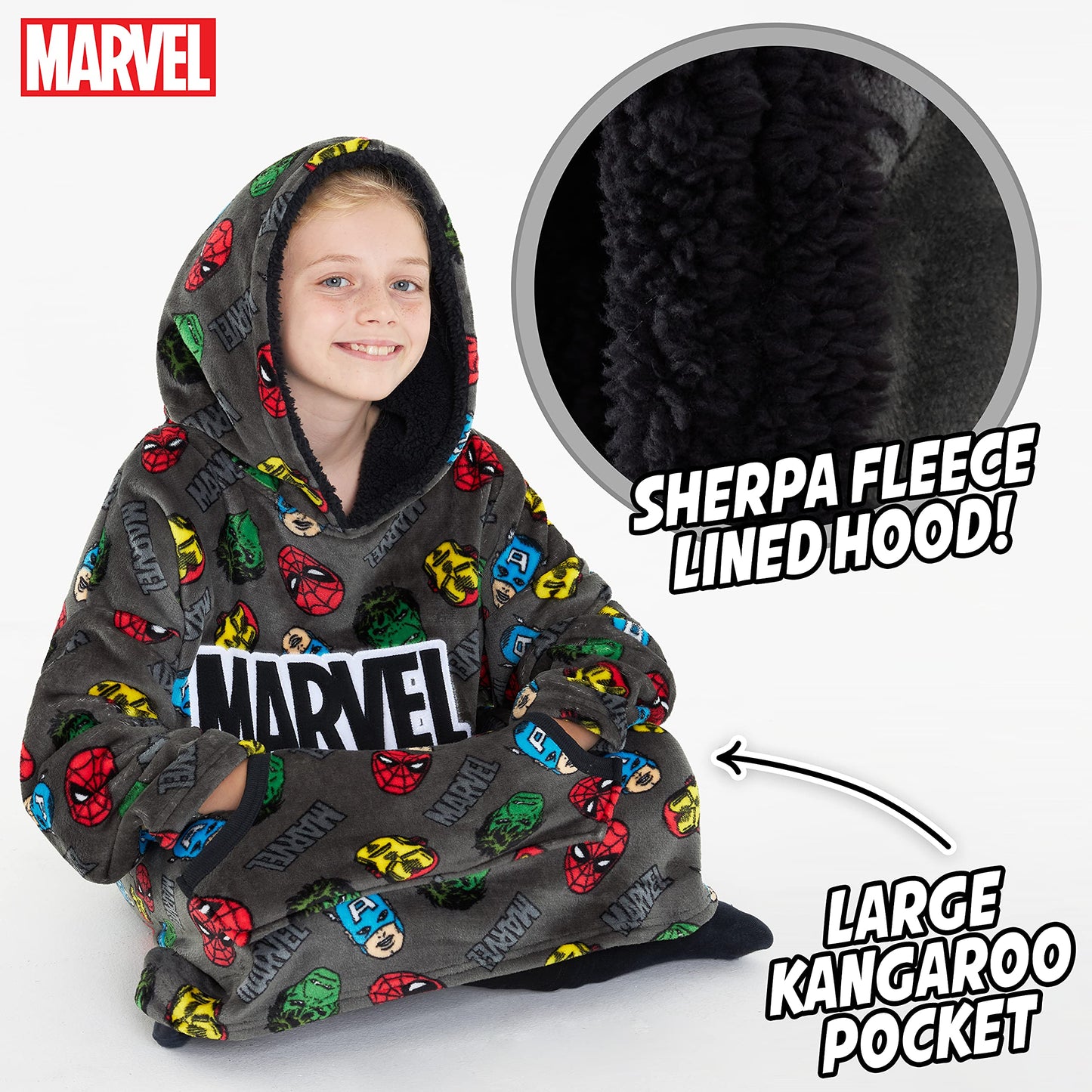 Marvel Sweat à Capuche Enfant - Pull Plaid Oversize en Polaire - Avengers (Gris AOP)