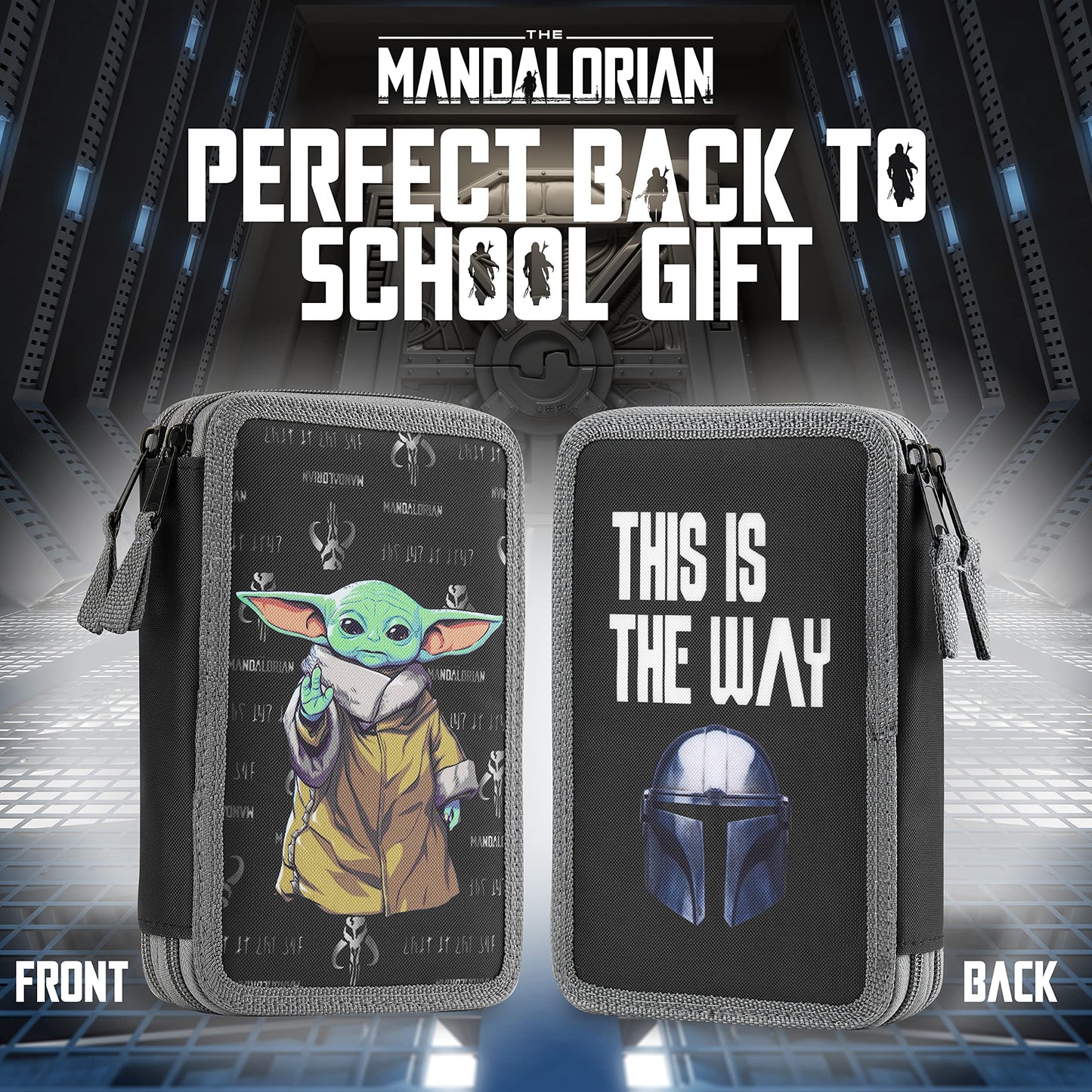 The Mandalorian Trousse Garnie Enfant Trousse Feutre et Crayon Double Compartiment Plumier Fournitures Scolaires Cadeau Rentrée Scolaire Star Wars Baby Yoda