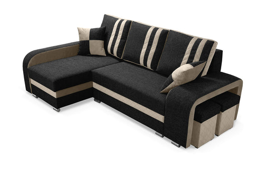 Canapé d'angle Robin York avec Fonction de Couchage, 2 Coffres de Lit, 2 Petits Coussins, 2 Poufs, Canapé en Forme de L, Canapé-lit, Angle à Gauche, Mobilier de Salon Noir Beige