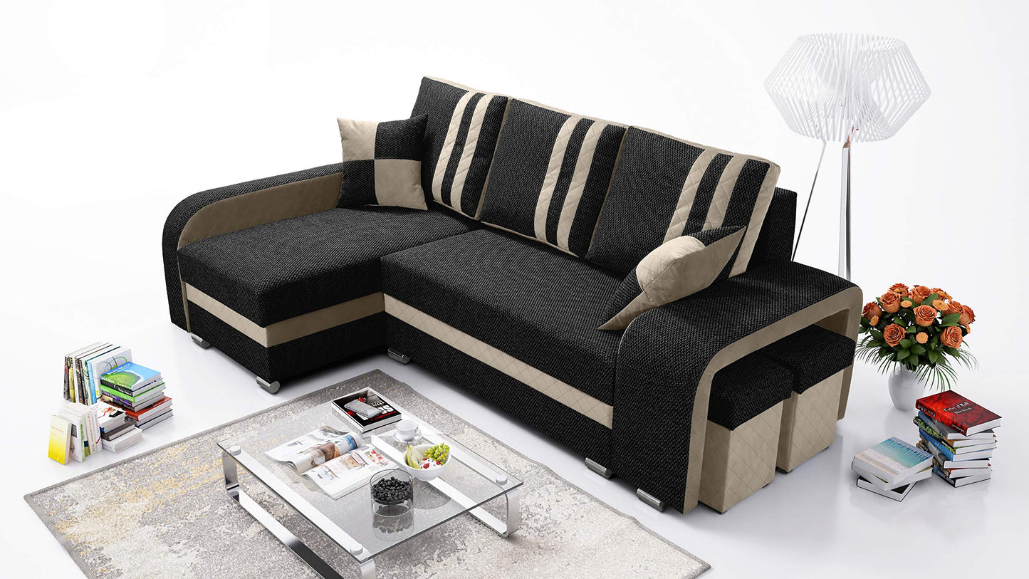 Canapé d'angle Robin York avec Fonction de Couchage, 2 Coffres de Lit, 2 Petits Coussins, 2 Poufs, Canapé en Forme de L, Canapé-lit, Angle à Gauche, Mobilier de Salon Noir Beige