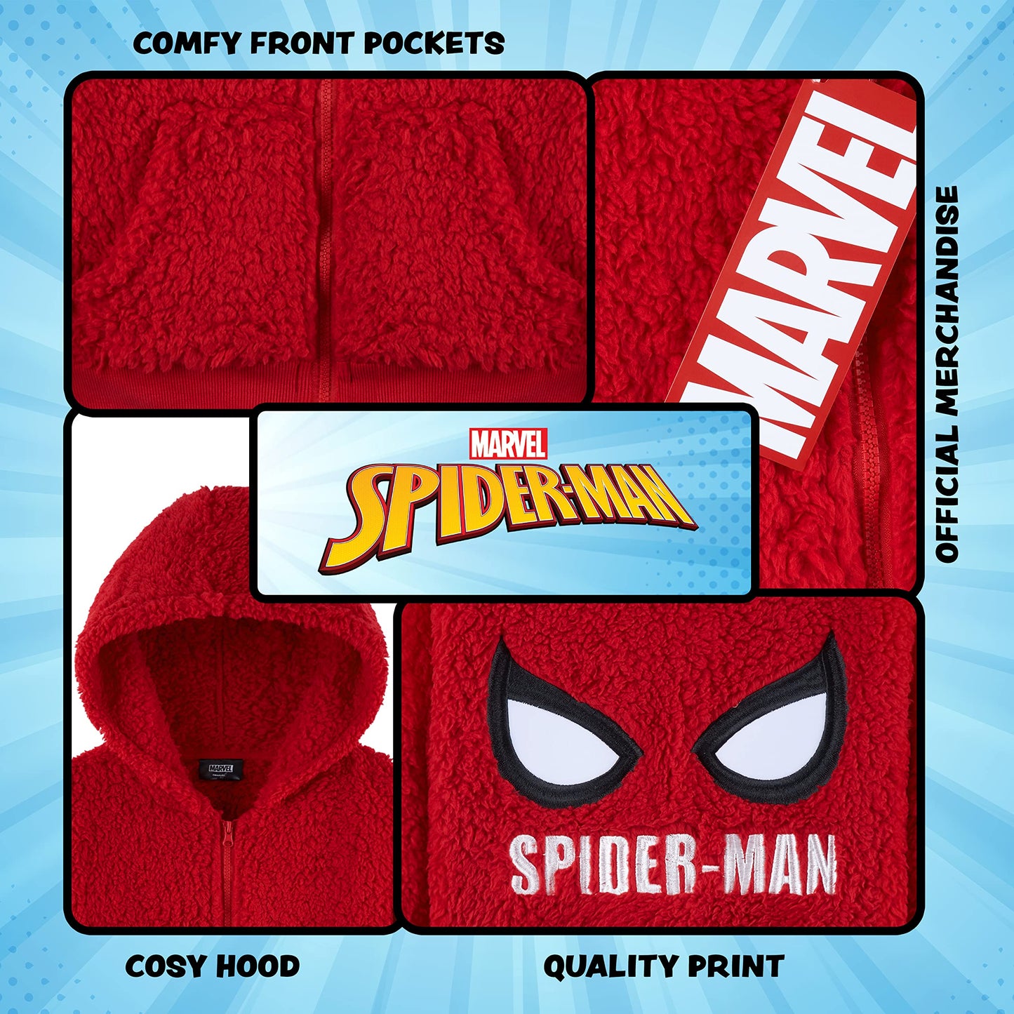 Marvel Spiderman Sweat à Capuche Garçon, Zippé Veste Polaire Chaud en Sherpa, Sweat Plaid Enfant avec Poches, Cadeau pour Enfant (Rouge, 5-6 Ans)