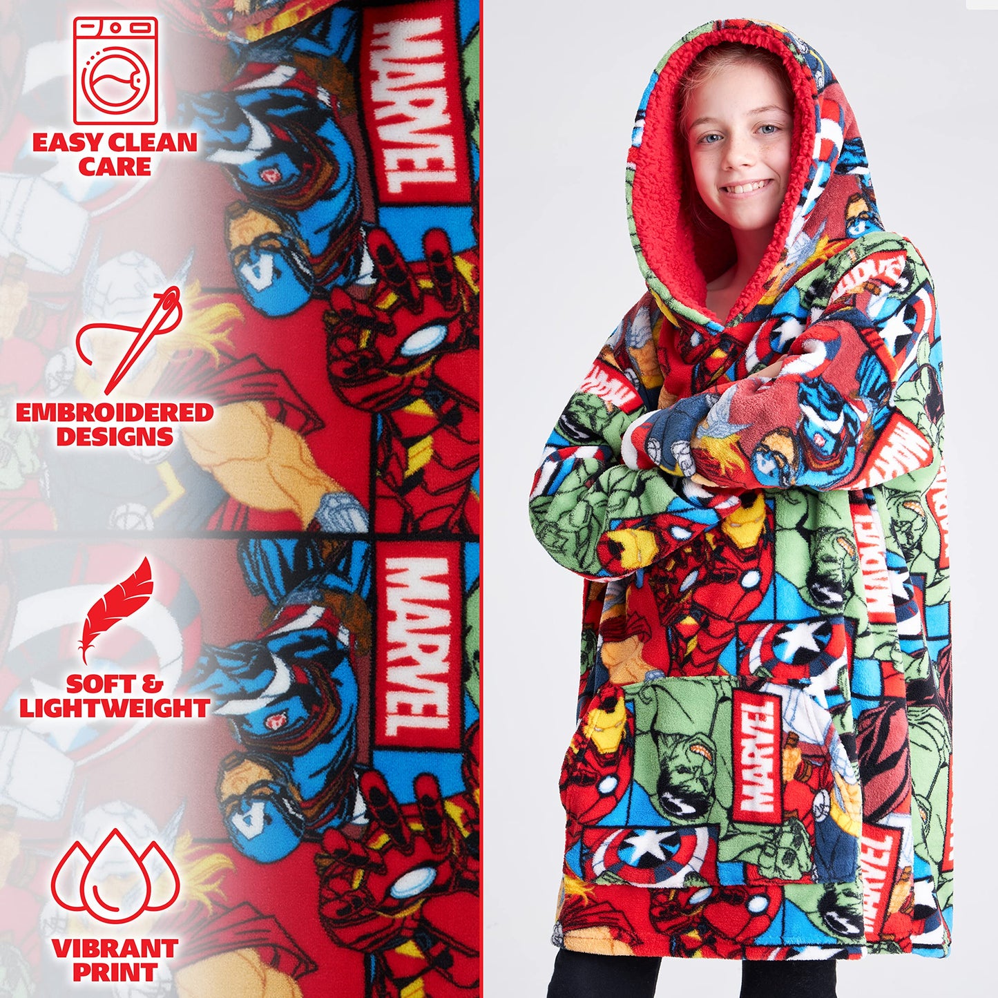 Marvel Spiderman Plaid Capuche Enfant Ado Couverture Polaire Portable Avengers Hulk Captain America Thor Hoodie Oversize Cadeau Garçon (Multi Marvel)