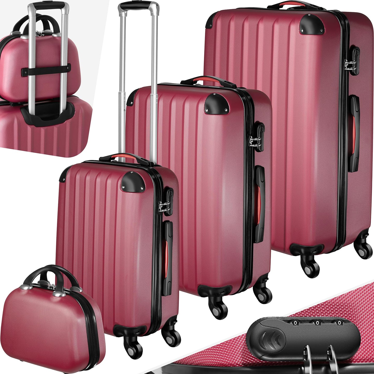 TecTake Lot de 4 Valises de Voyage Grande Taille Cabine Valise soute Multifonction en ABS Polypropylène, Valise de Voyage à roulettes avec Trousse de Toilette - Bordeaux