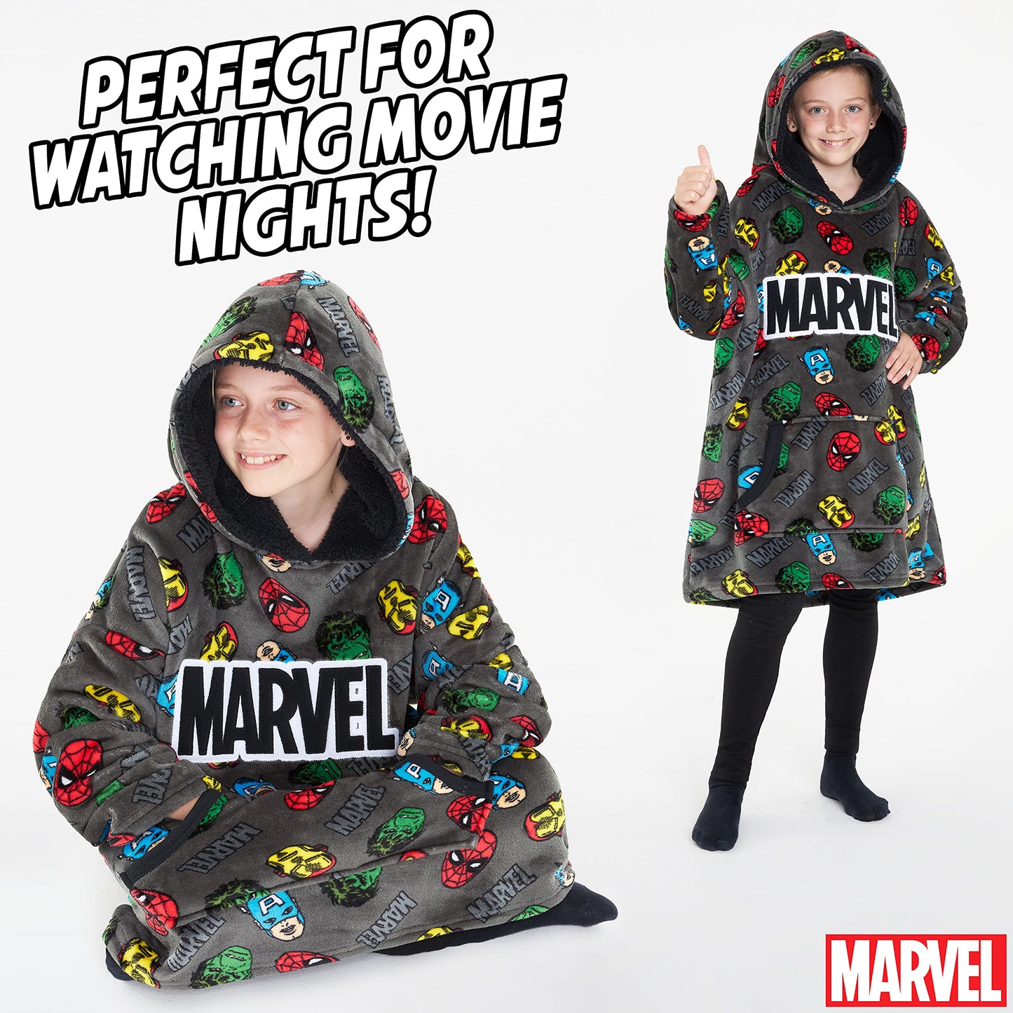 Marvel Sweat à Capuche Enfant - Pull Plaid Oversize en Polaire - Avengers (Gris AOP)