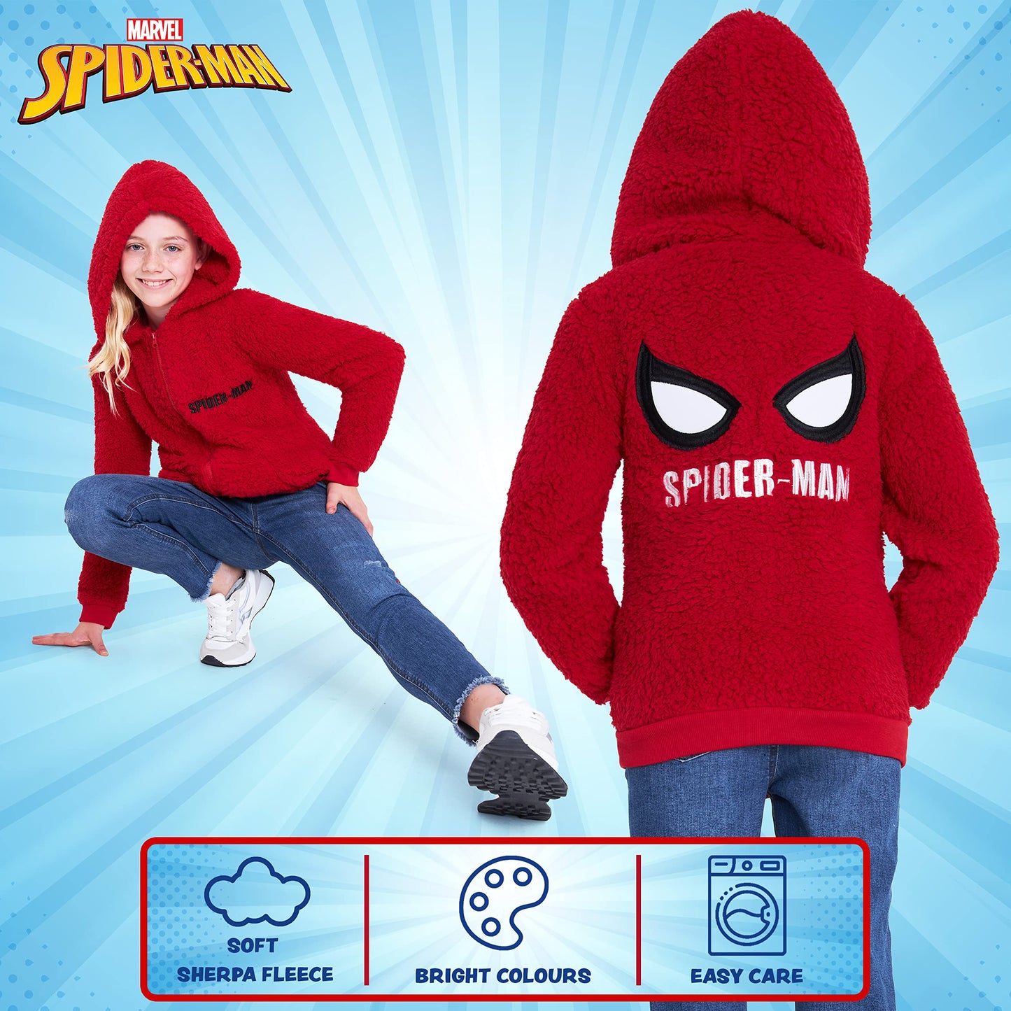 Marvel Spiderman Sweat à Capuche Garçon, Zippé Veste Polaire Chaud en Sherpa, Sweat Plaid Enfant avec Poches, Cadeau pour Enfant (Rouge, 5-6 Ans)