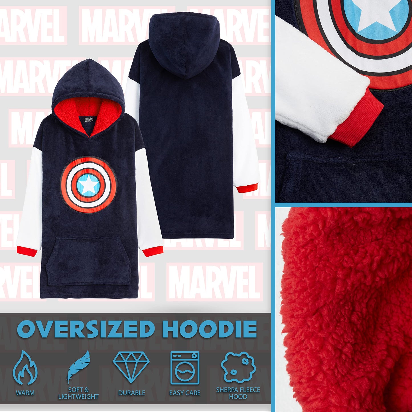 Marvel Spiderman Plaid Capuche Enfant Ado Couverture Polaire Portable Avengers Hulk Captain America Thor Hoodie Oversize Cadeau Garçon (Marine)