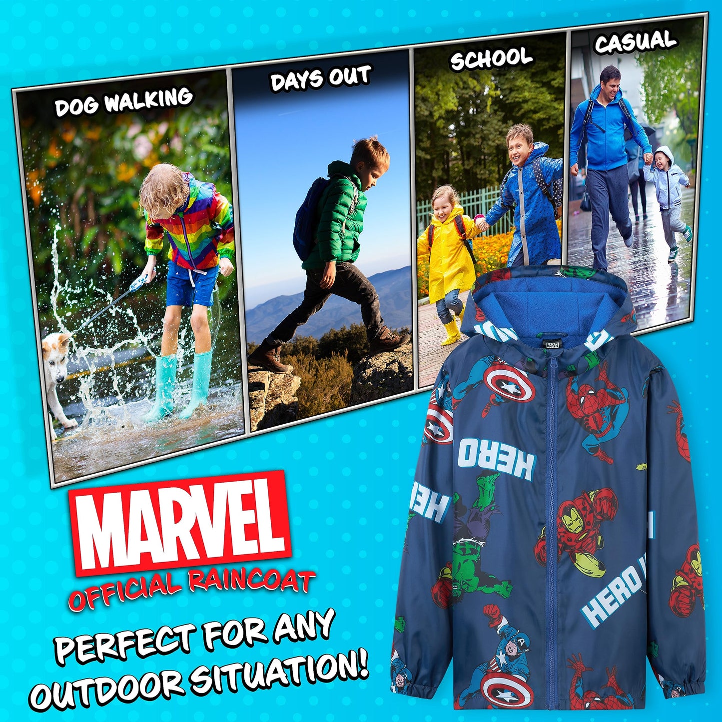 Marvel Impermeable Enfant Garcon, Veste de Pluie Enfant Doublure en Polaire, Vêtement de Pluie Enfant Ado 4-14 Ans Spiderman Avengers (Bleu Avengers, 7-8 Ans)